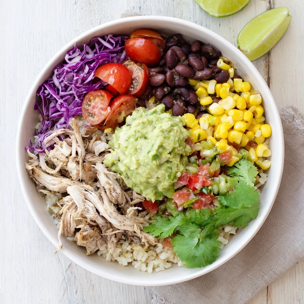 Savory shredded chicken atop Tex-Mex bowl with creamy homemade guacamole and colorful toppings