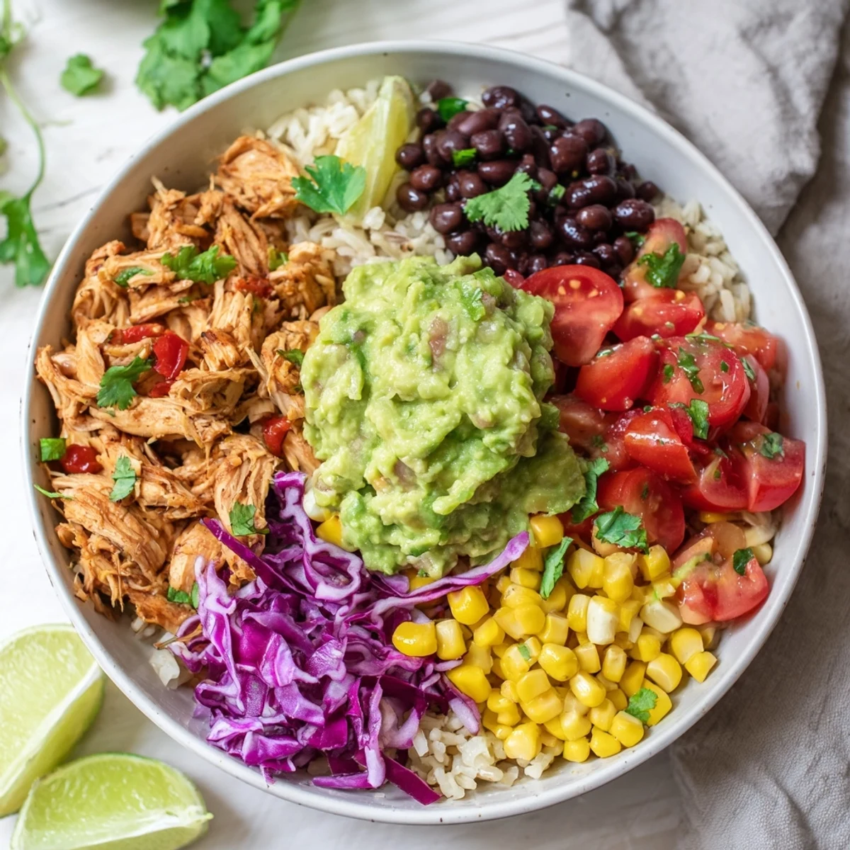 Flavorful gluten-free pulled chicken bowl garnished with zesty lime and crisp red cabbage