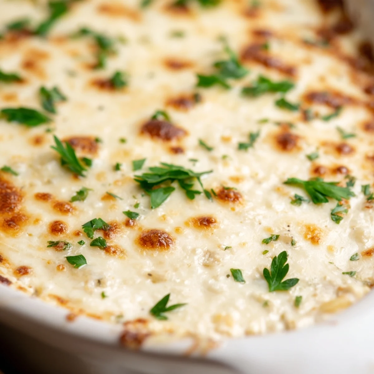 Creamy three-cheese garlic white pizza dip topped with melted mozzarella and fresh parsley