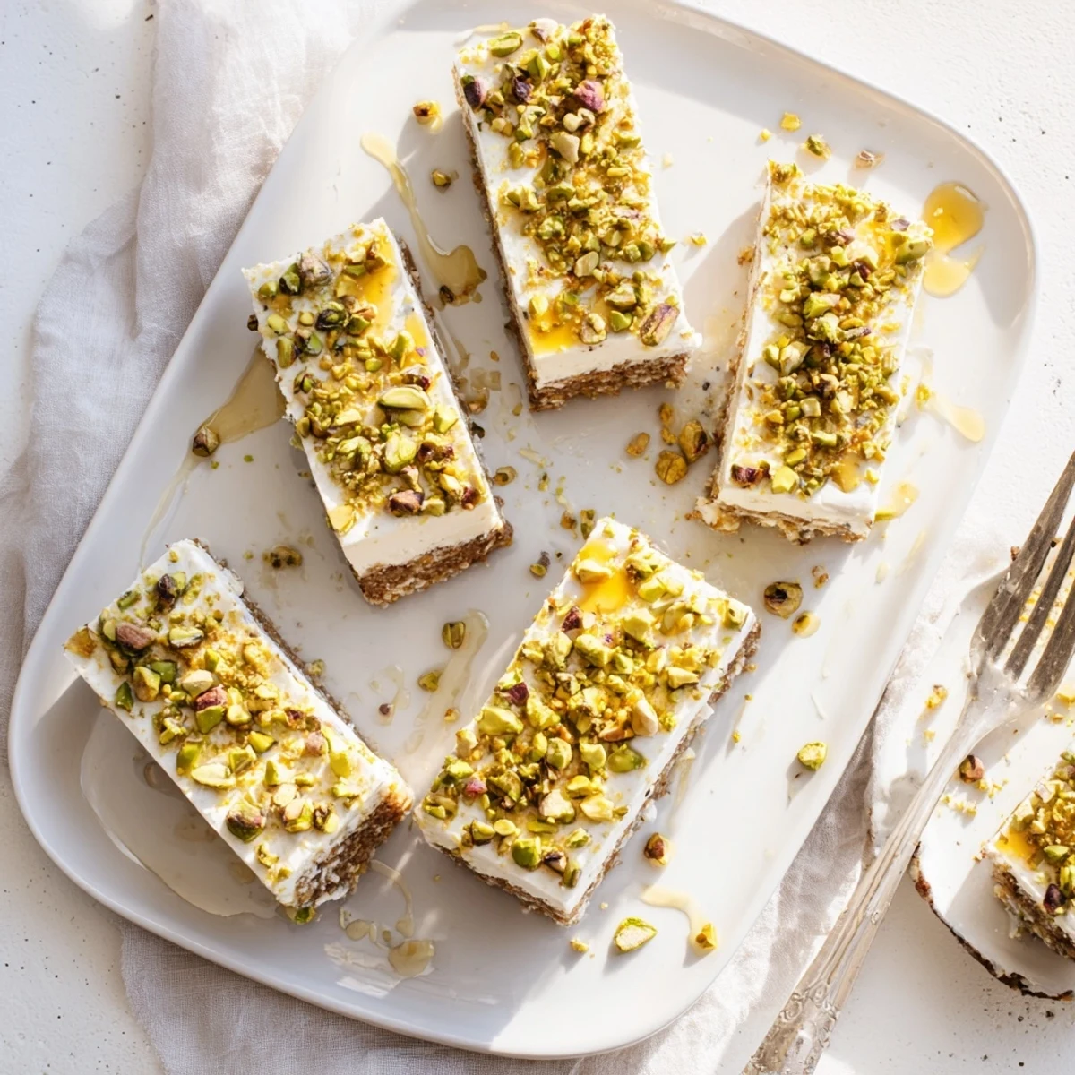 Golden Greek honey pistachio cheesecake bars drizzled with honey and sprinkled with crunchy pistachios on a white plate