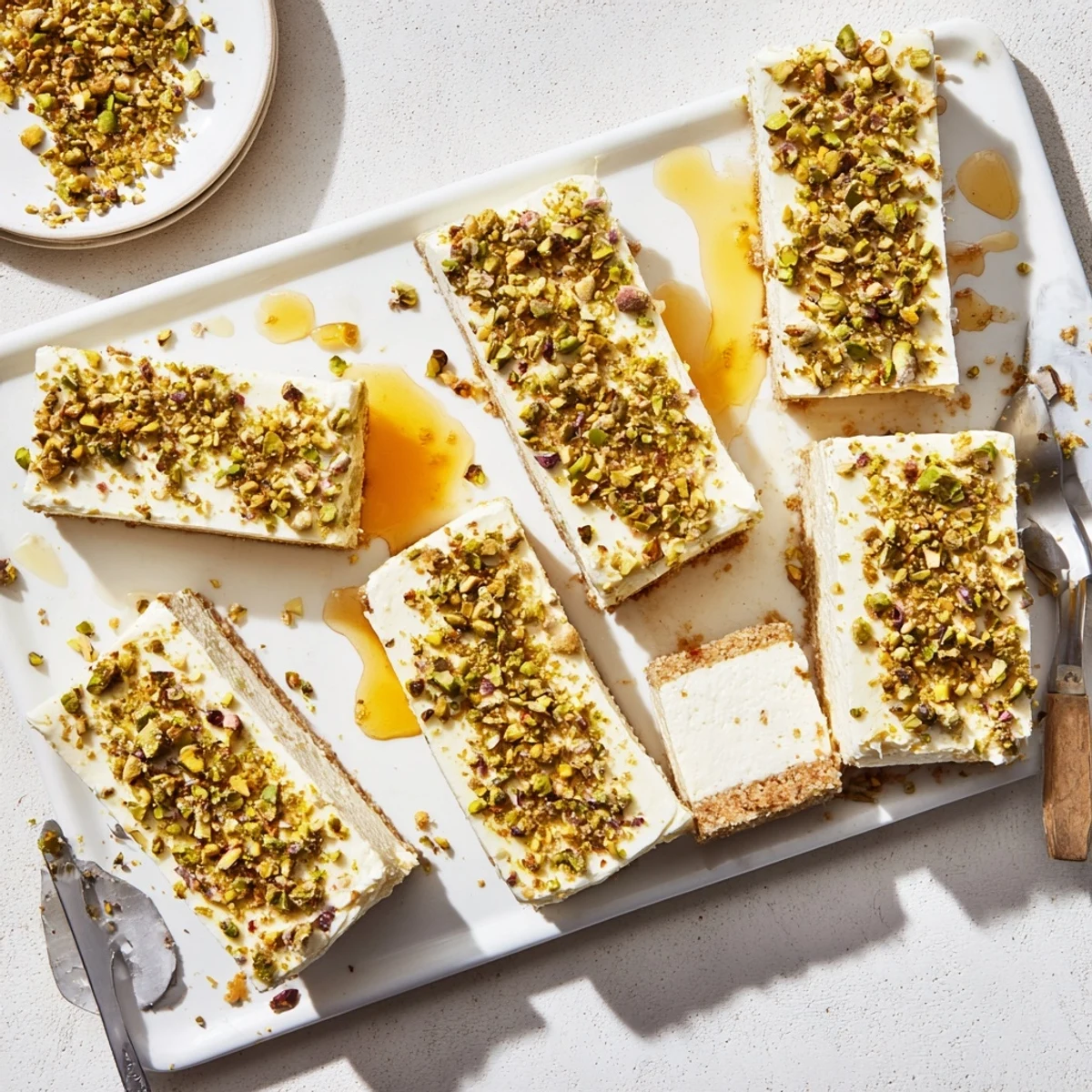 Creamy Greek honey pistachio cheesecake bars with buttery graham crust and chopped nut topping on serving platter