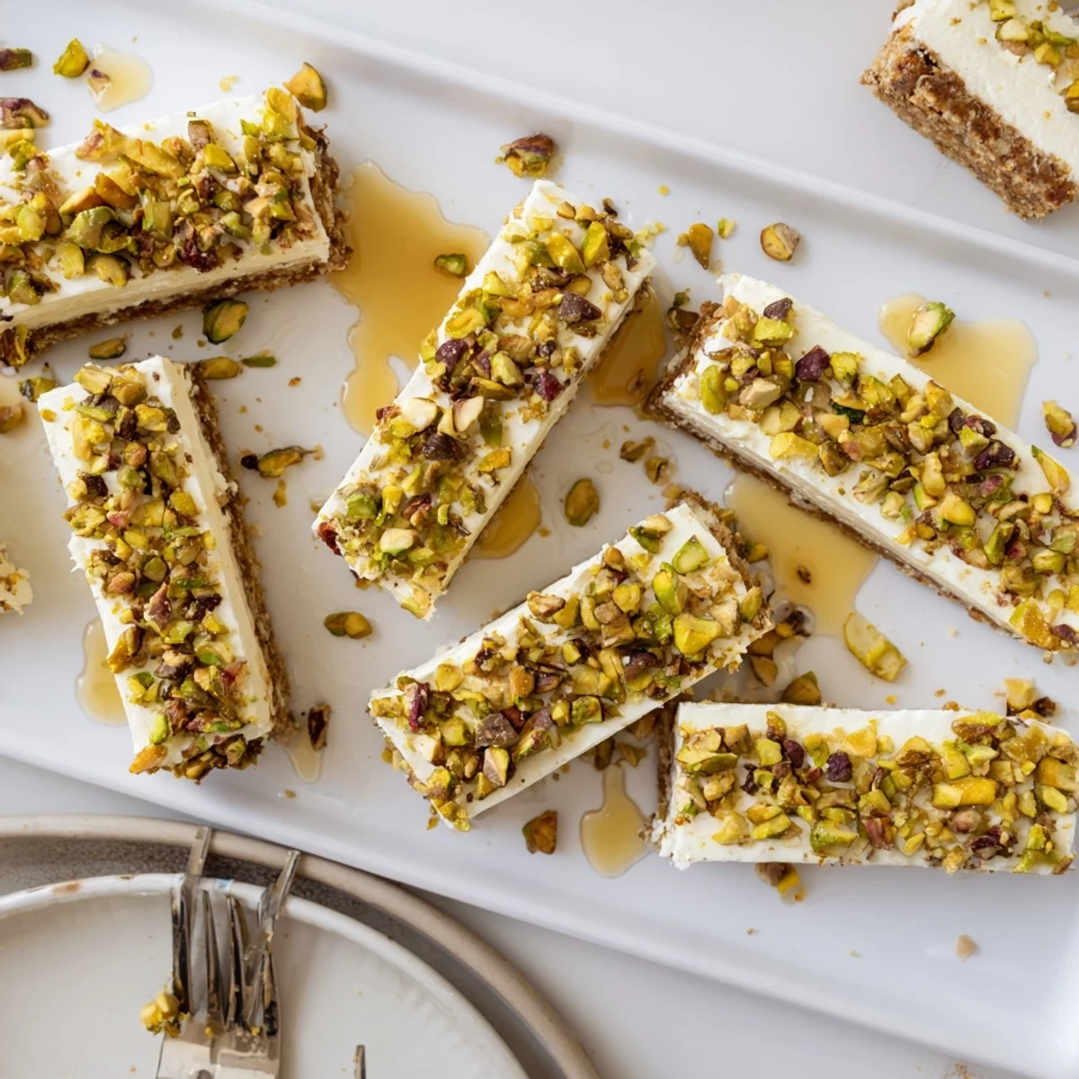 Luscious Mediterranean dessert featuring Greek honey pistachio cheesecake bars with glossy honey glaze and green pistachio garnish