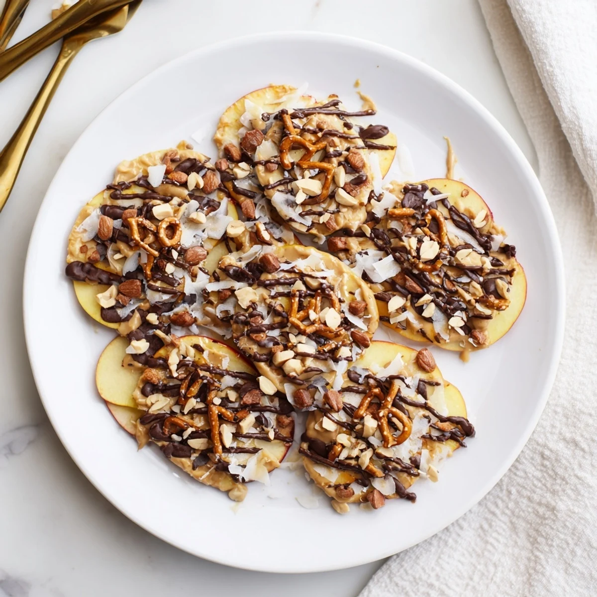 Crisp apple wedges drizzled with warm peanut butter and melted chocolate for apple nachos
