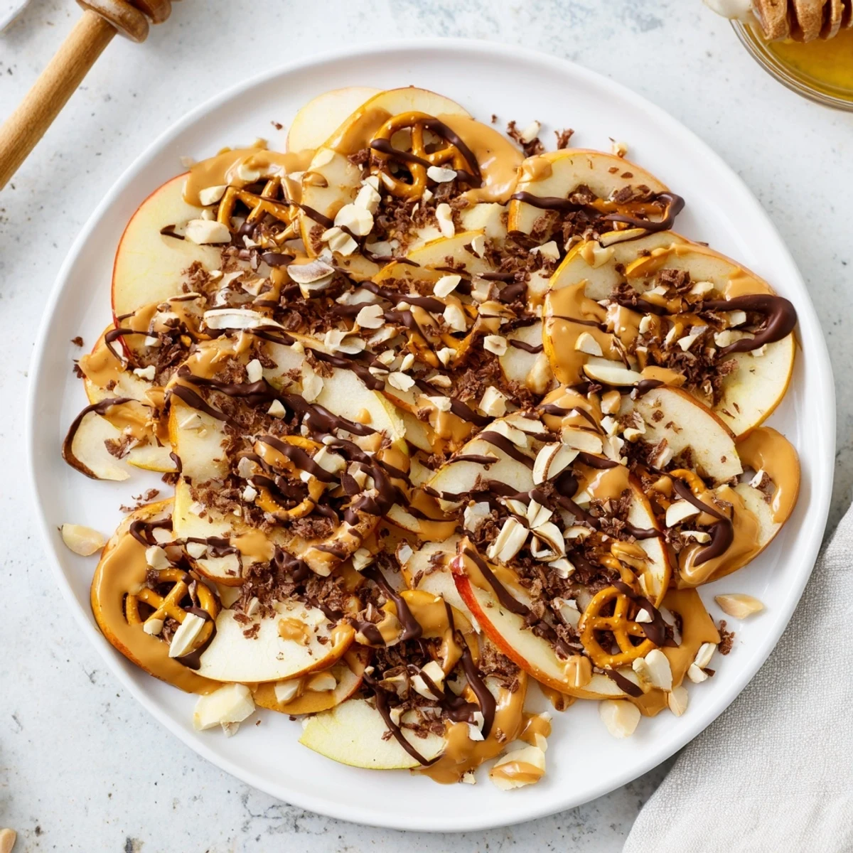 Colorful apple nachos featuring sliced fruit with creamy peanut butter and rich chocolate toppings