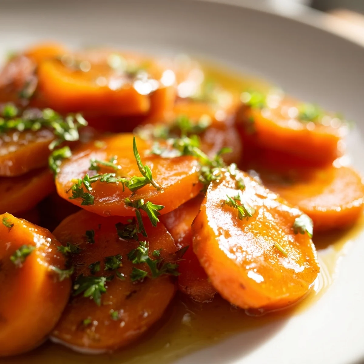 Golden glazed carrots swimming in buttery brown sugar sauce on white serving plate