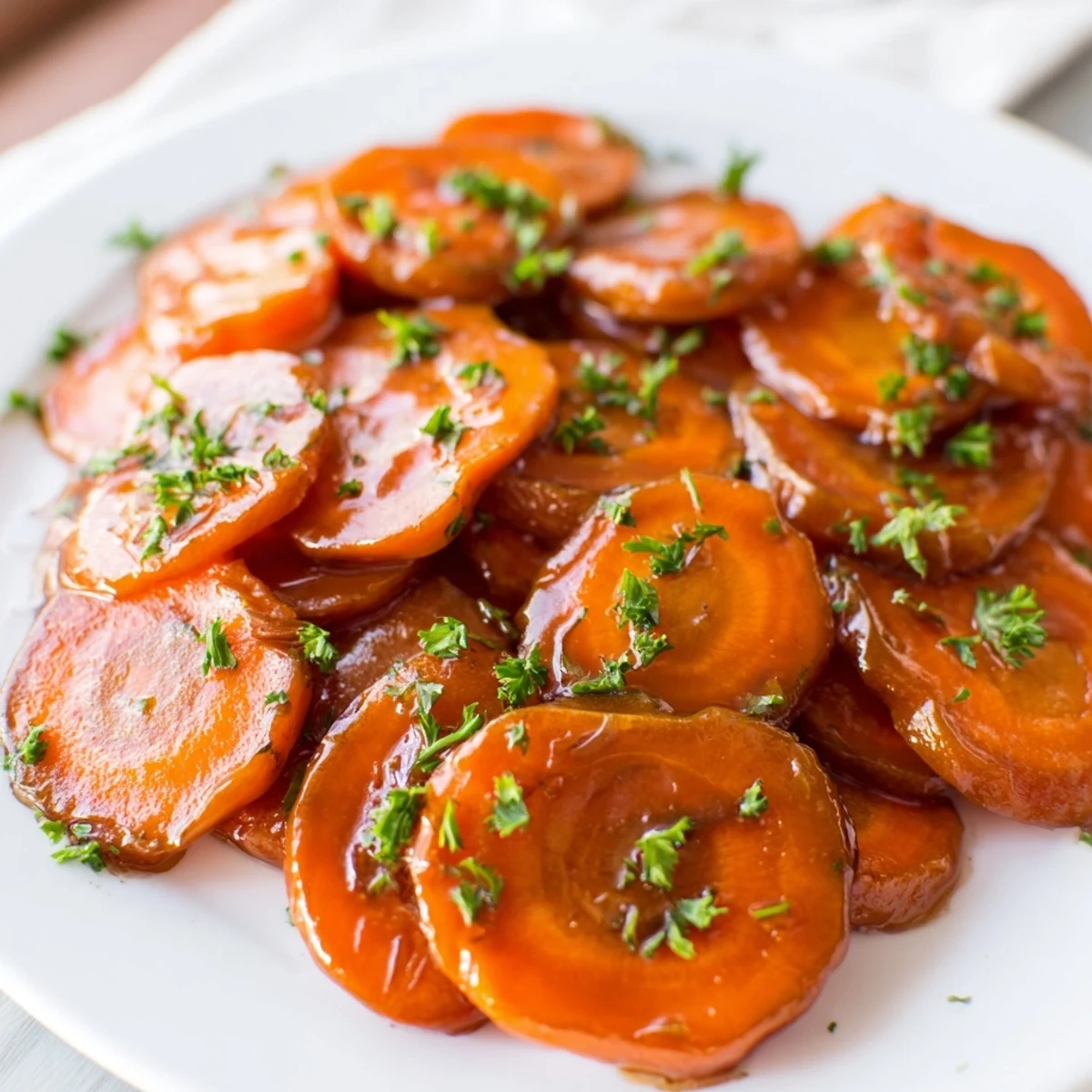 Tender carrot slices coated in shiny brown sugar glaze sprinkled with green parsley