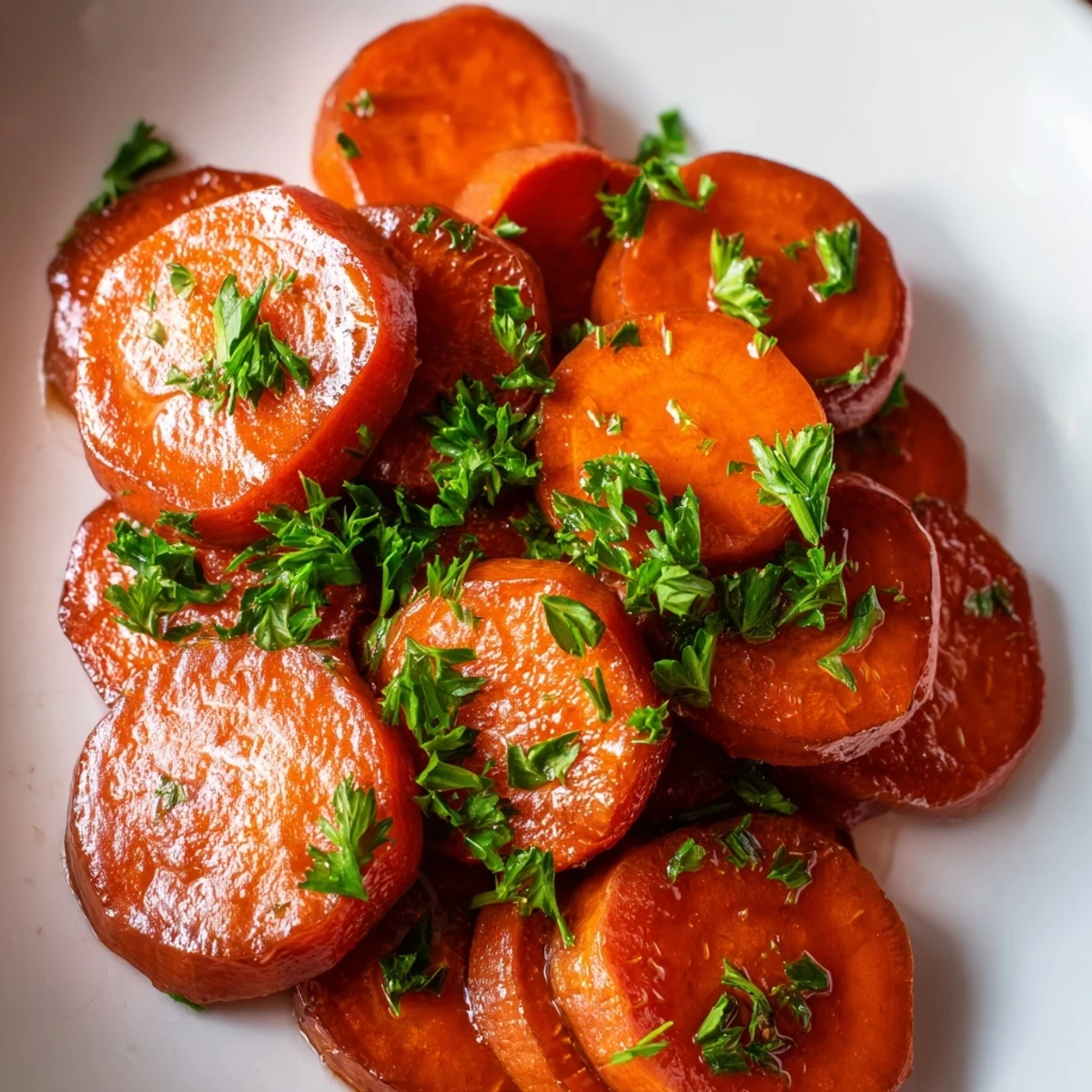Easy brown sugar glazed carrots glistening with sweet buttery coating in white ceramic bowl