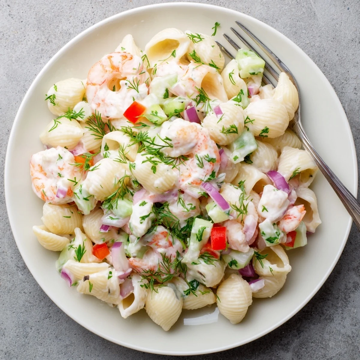 Cold creamy shrimp pasta salad tossed with crisp bell peppers, celery, and red onion for a refreshing summer meal