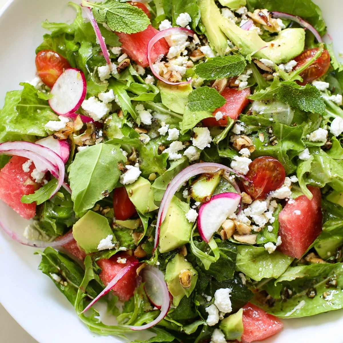 Colorful Ultimate Summer Salad bowl with fresh watermelon avocado feta and crisp vegetables
