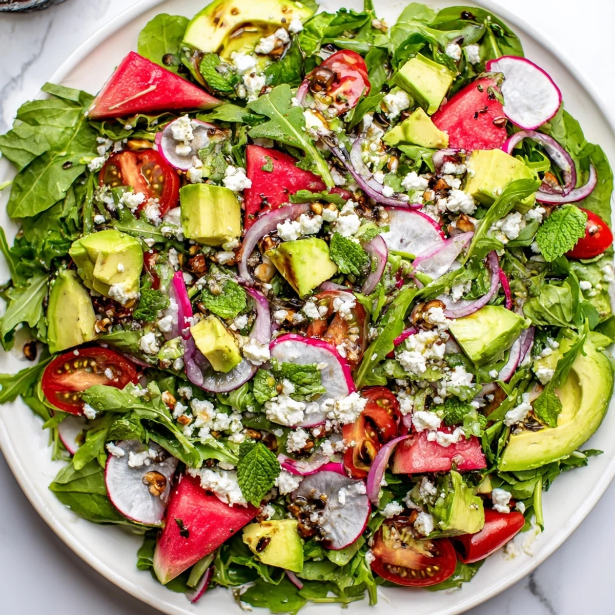 Refreshing Ultimate Summer Salad plated with mint basil radishes and toasted nuts topping