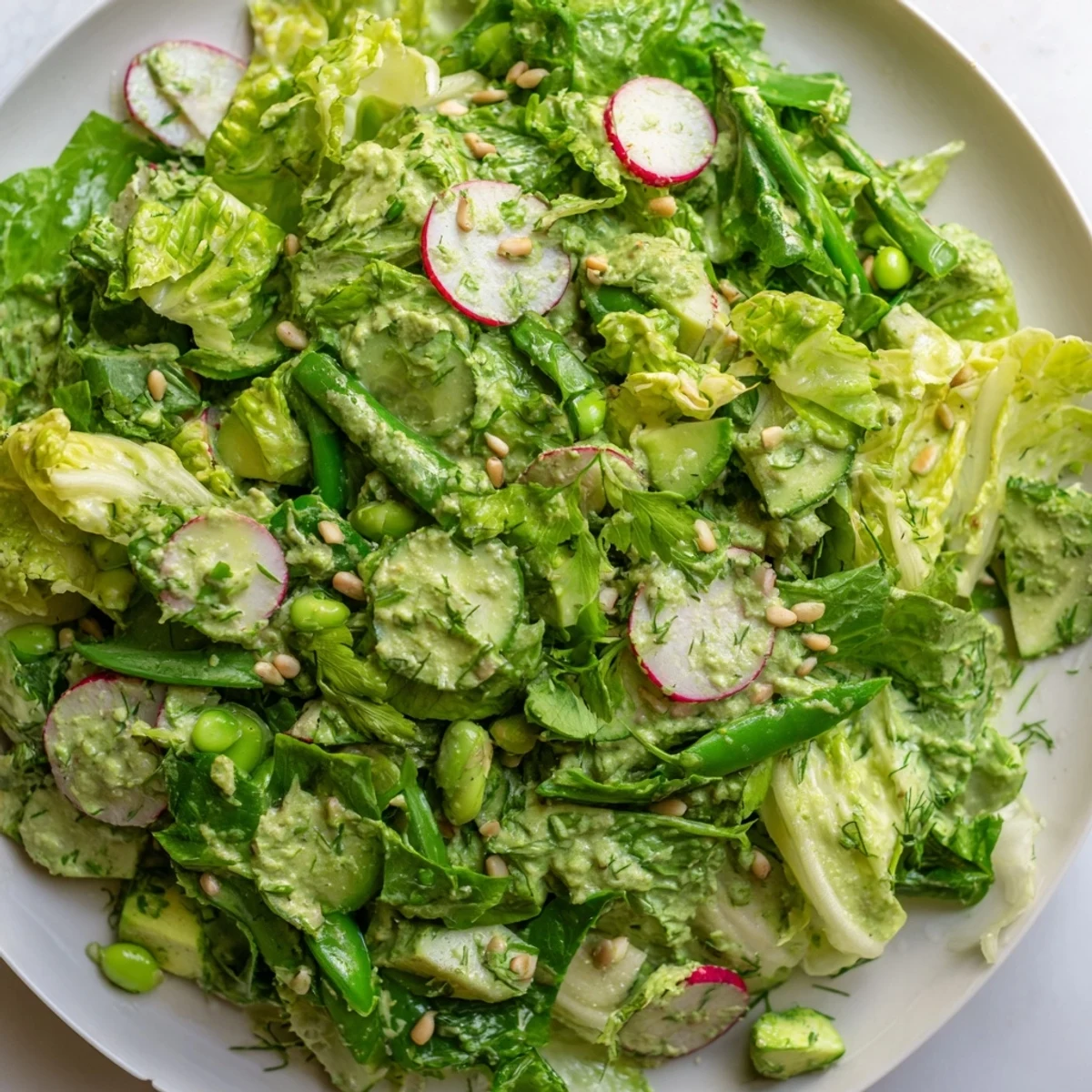 Fresh Green Goddess salad featuring crisp lettuce, cucumber, avocado, and vibrant green herb dressing