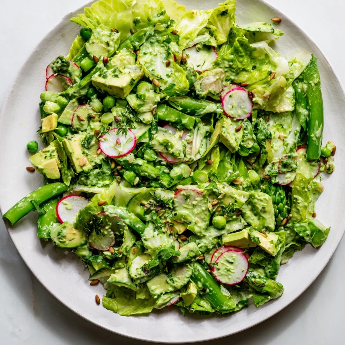 Close-up of Fresh Green Goddess salad showcasing crisp greens, radishes, snap peas, and dressing