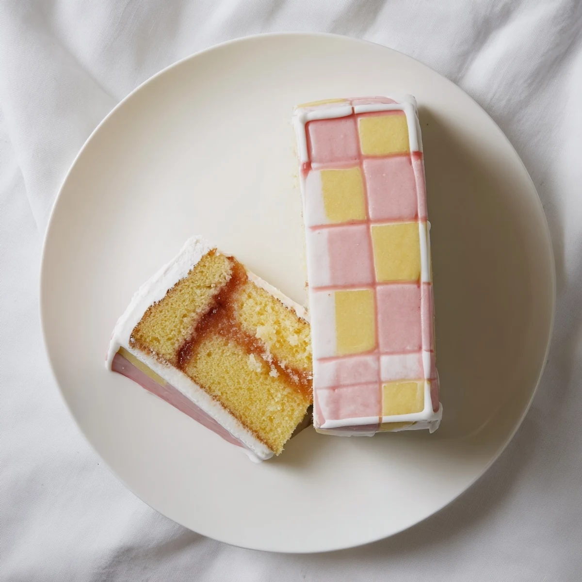 Classic Battenberg Cake displaying a distinctive pink and yellow checkerboard pattern wrapped in smooth white marzipan