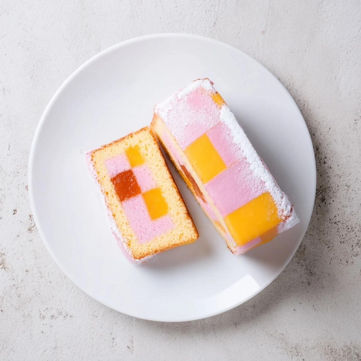 Homemade Battenberg Cake with soft sponge squares and apricot jam filling, elegantly coated in sweet almond paste