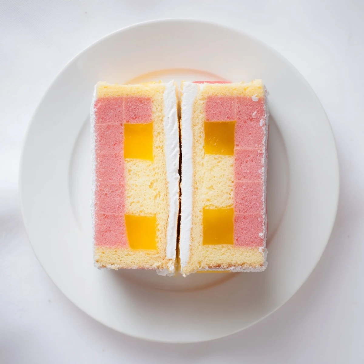 British-style Battenberg Cake featuring alternating pink and yellow sponge layers bound with apricot preserves and covered in marzipan
