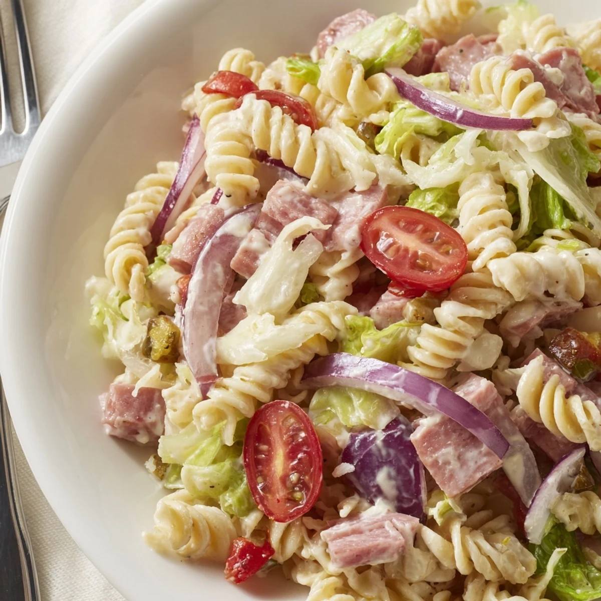 Colorful grinder pasta salad bowl with rotini, salami, provolone, and crisp cherry tomatoes