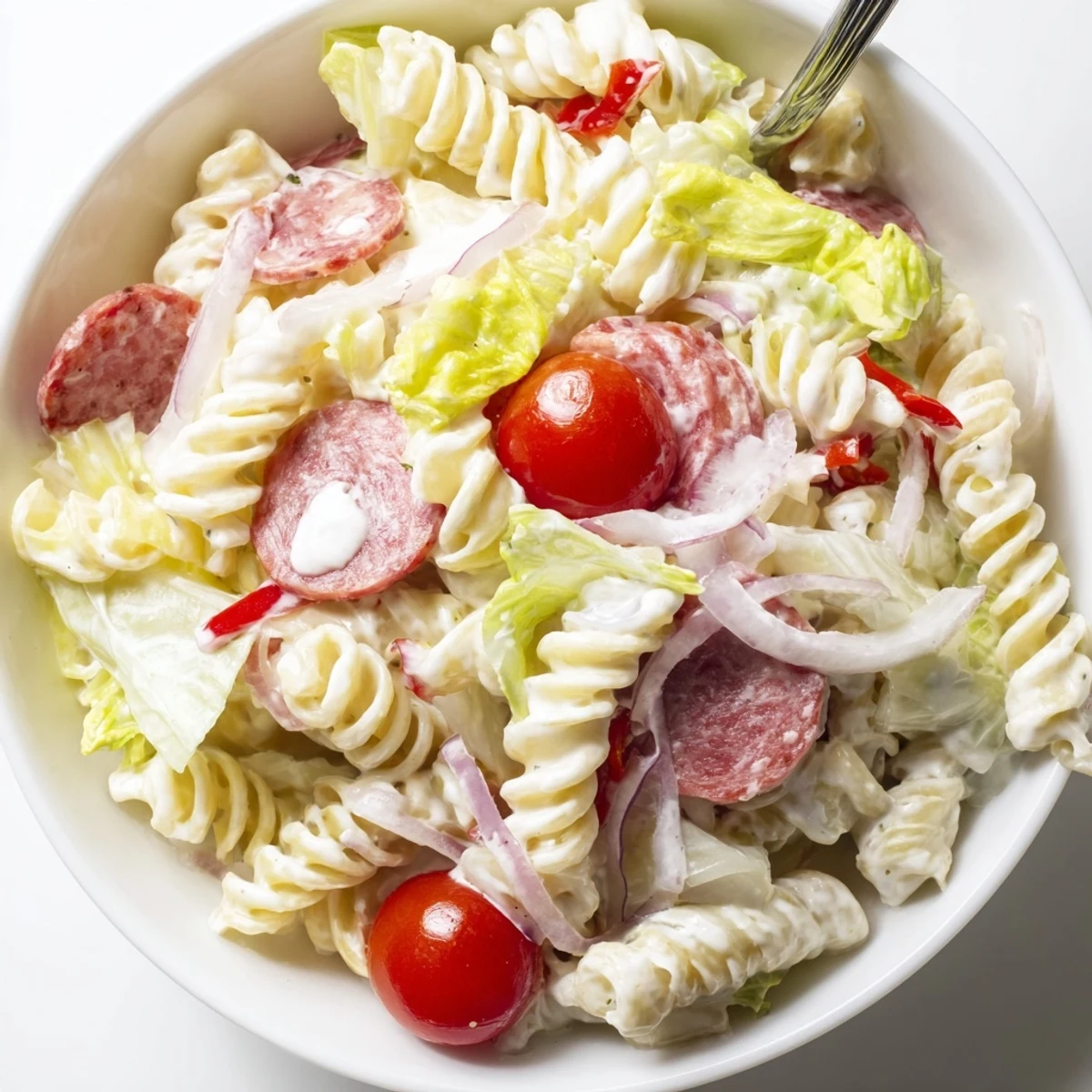 Cold grinder pasta salad featuring ham, pepperoncini, lettuce, and zesty mayonnaise dressing