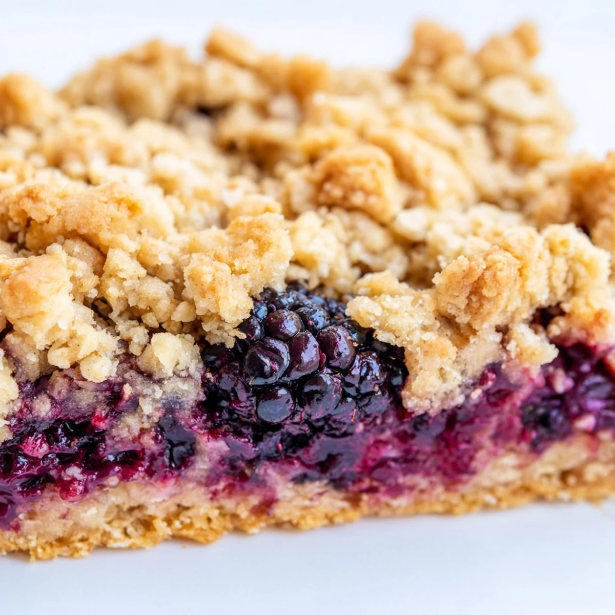 Square blackberry crumble bars sliced and ready for serving on a white dessert plate