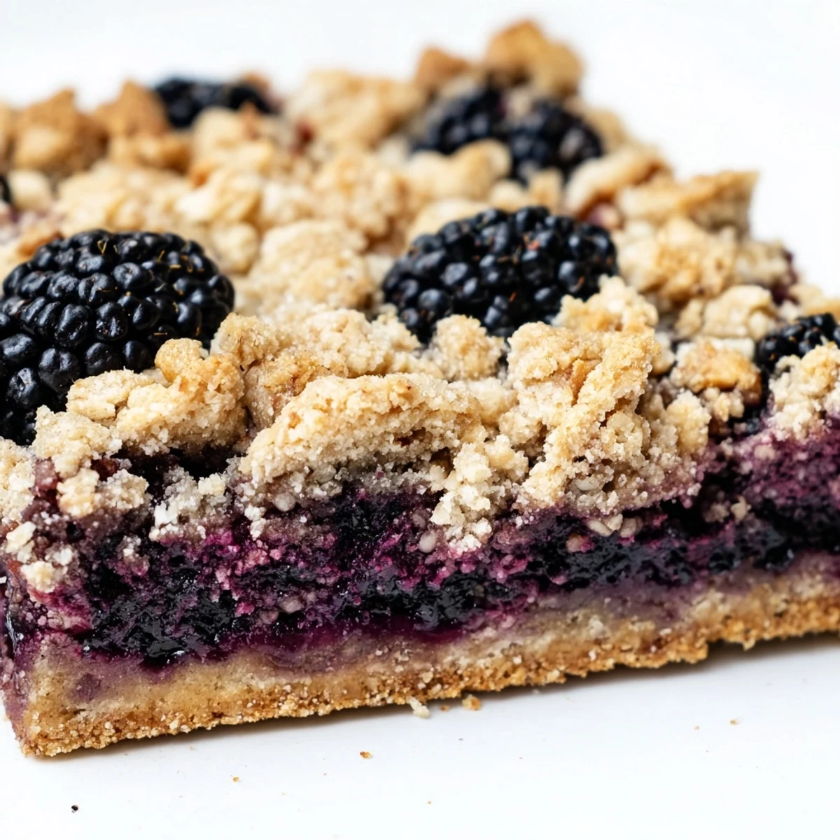 Fresh baked blackberry crumble bars showing layers of purple fruit and crispy golden topping