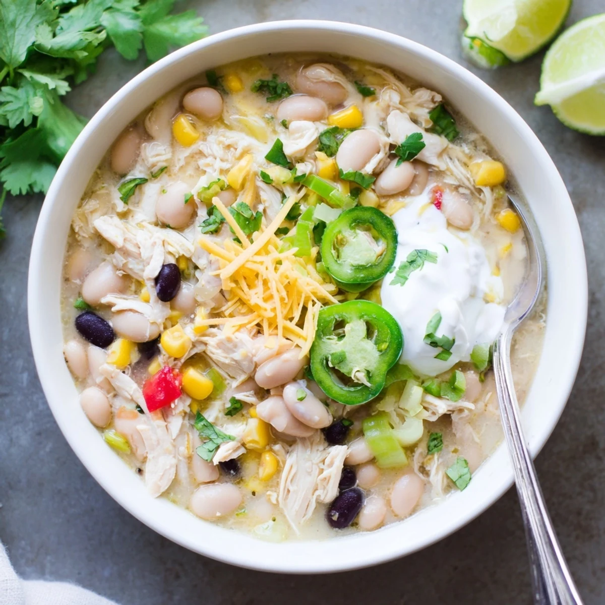 Hearty bowl of thick white chicken chili featuring tender shredded chicken, colorful vegetables, and three types of white beans