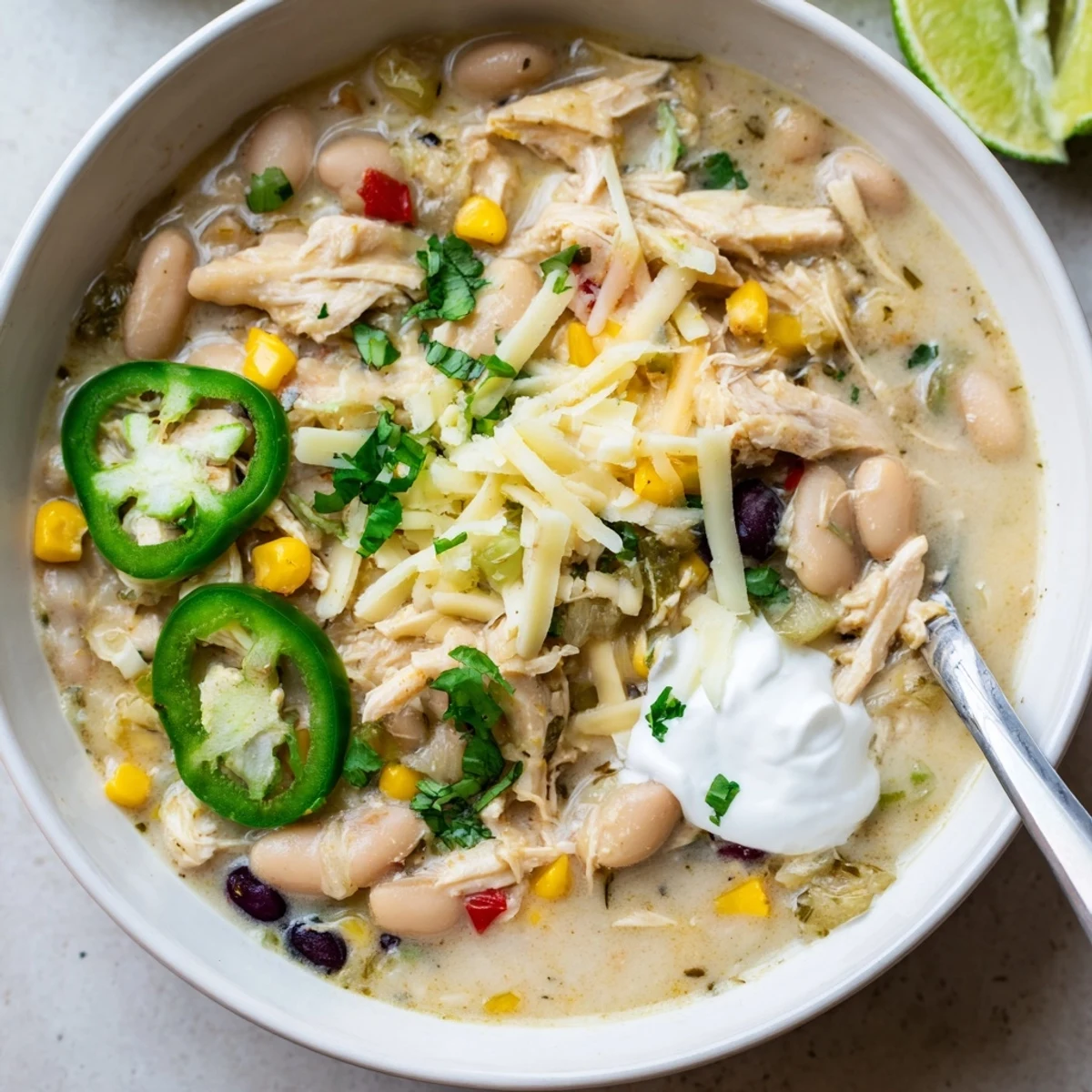 Creamy thick white chicken chili with black beans topped with melted cheese, cilantro, and sour cream in a rustic bowl