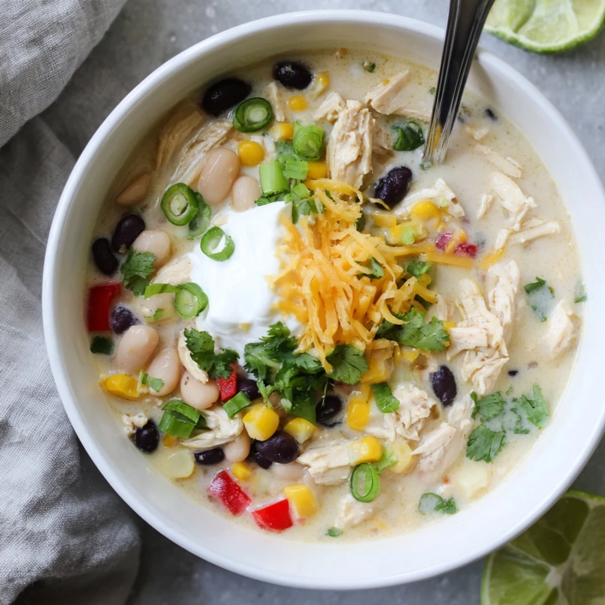 Spoon lifted from thick white chicken chili with black beans, showcasing rich texture and garnishes of fresh cilantro and lime