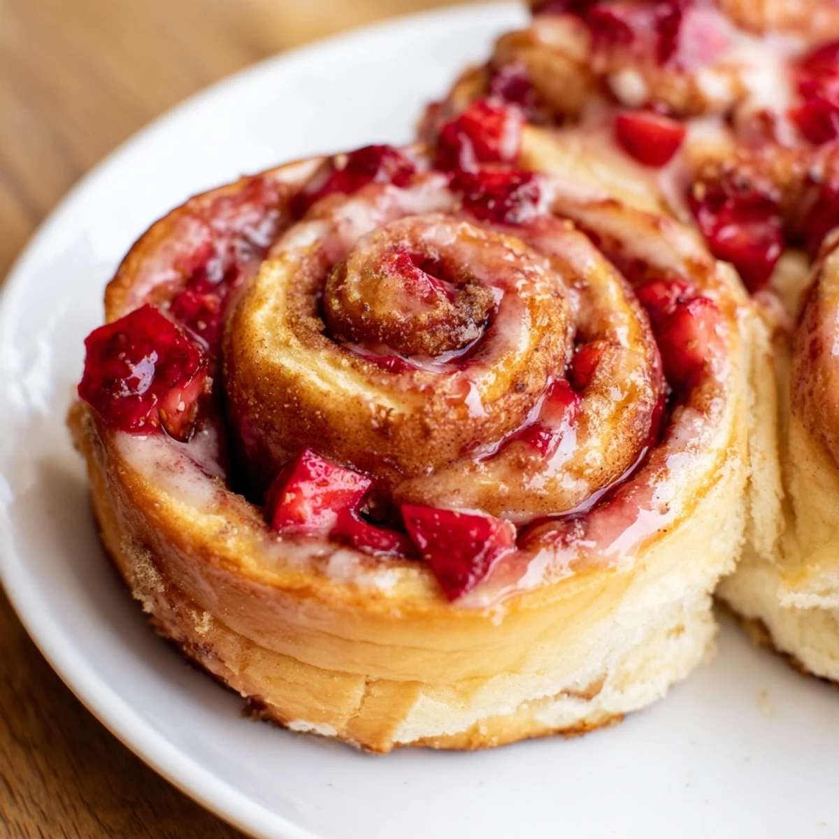 Golden brown strawberry cheesecake cinnamon rolls drizzled with sweet pink strawberry glaze on a white plate