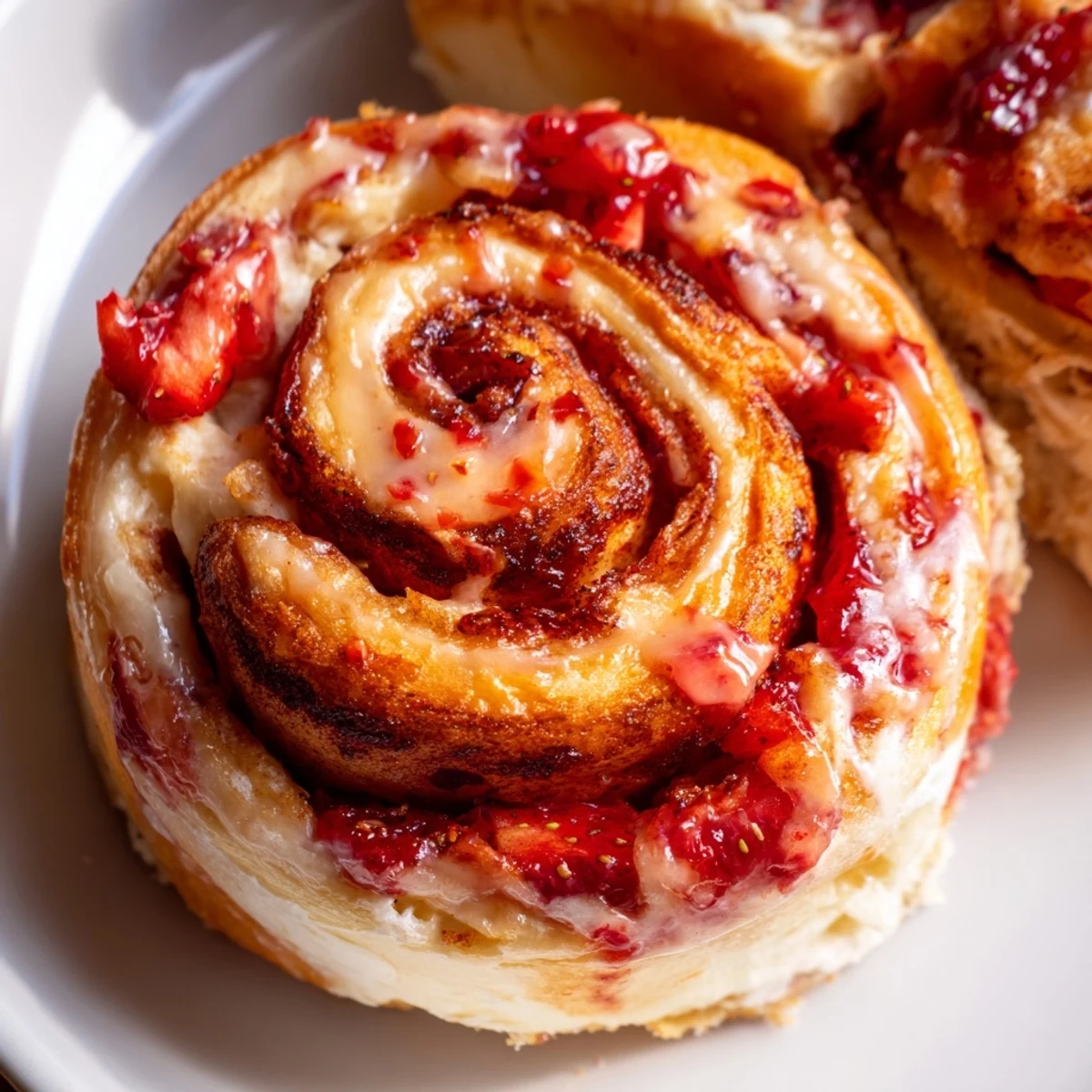 Fresh baked strawberry cheesecake Cinnabon rolls with creamy cheesecake swirls and glossy red strawberry topping