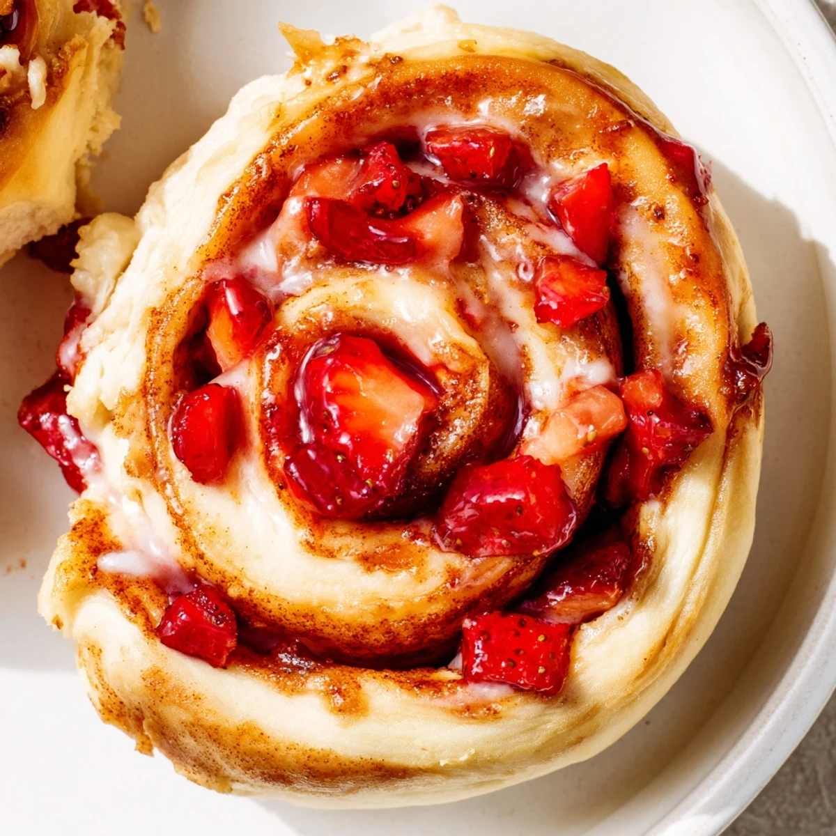 Soft fluffy strawberry cheesecake cinnamon rolls oozing with cheesecake filling and topped with strawberry glaze