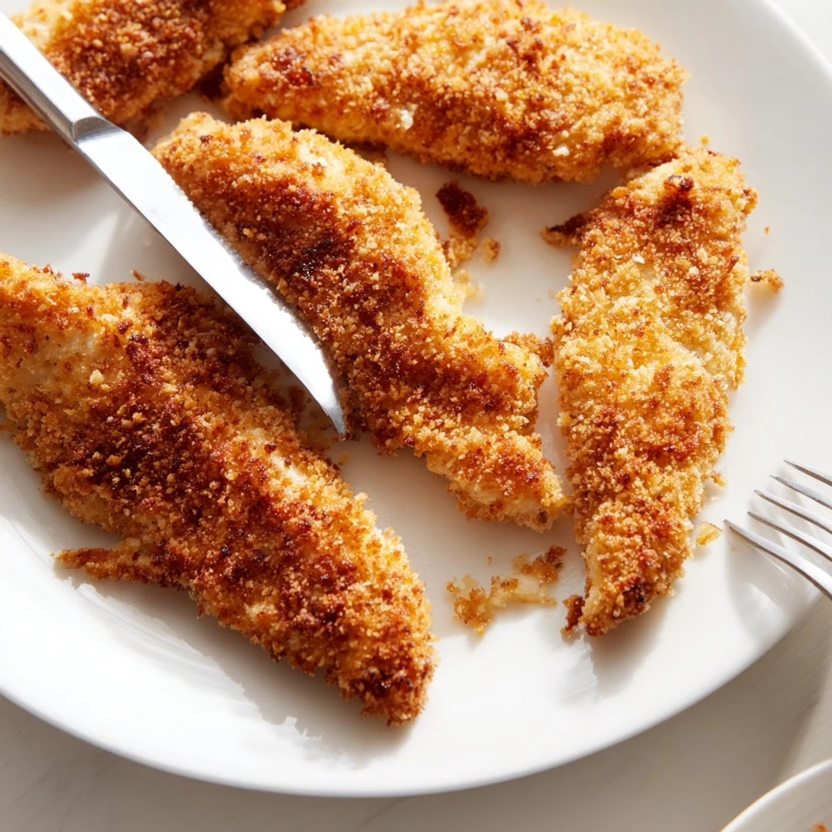 Juicy homemade chicken tenders with crunchy breadcrumb coating served alongside ranch and honey mustard