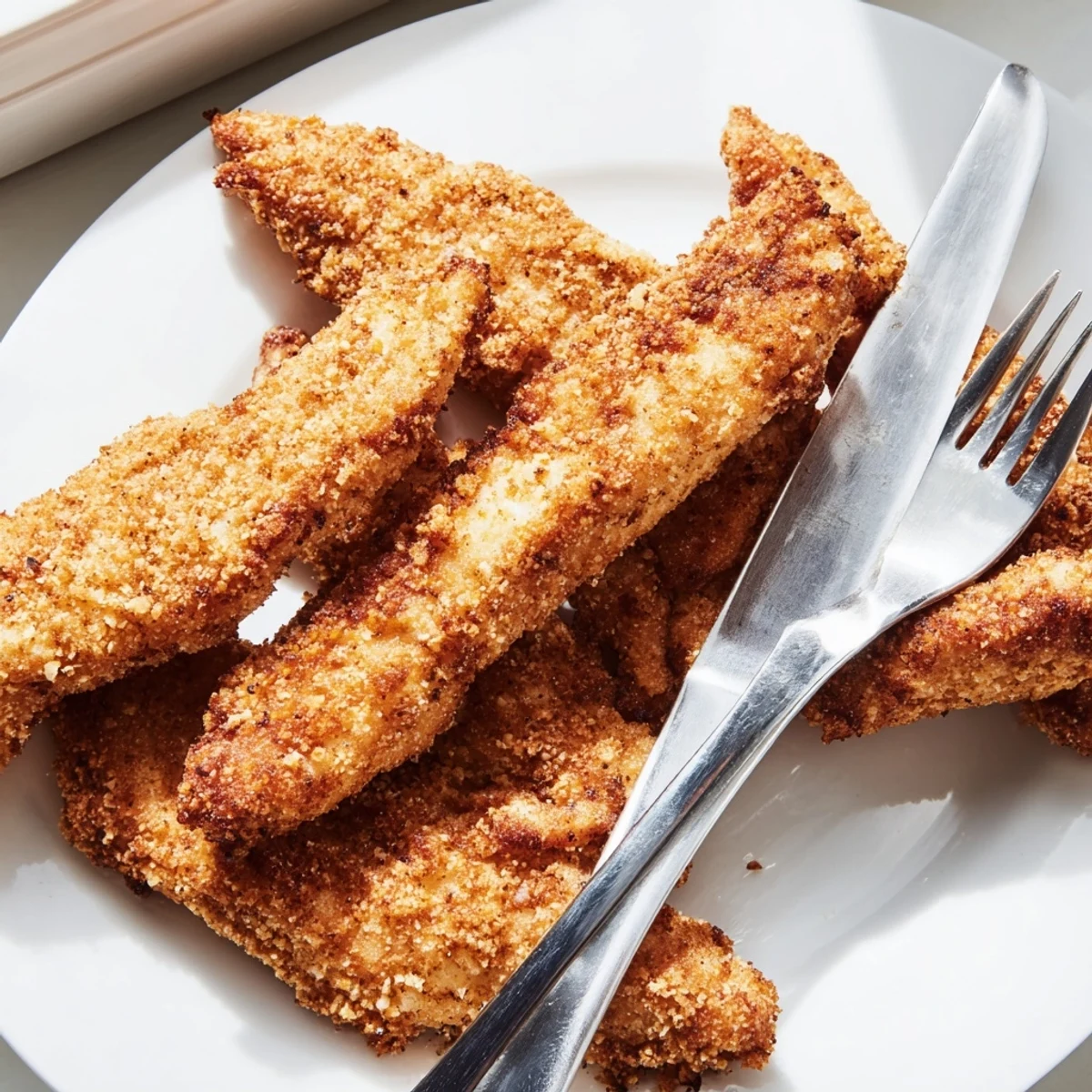 Perfectly fried chicken tenders resting on paper towels, steam rising from the golden crispy exterior
