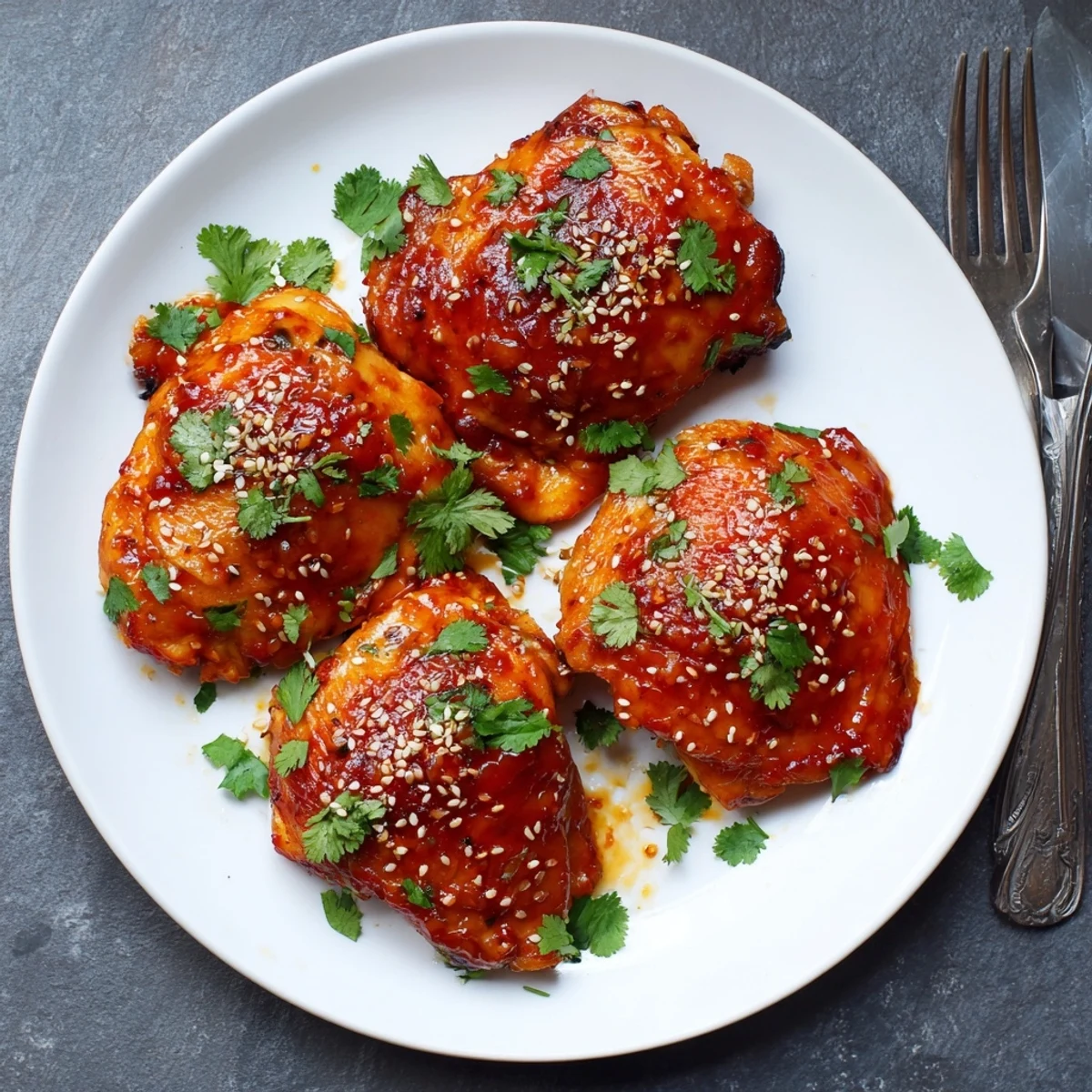 Golden crispy chicken thighs glazed with sweet chili sauce, garnished with fresh cilantro and sesame seeds