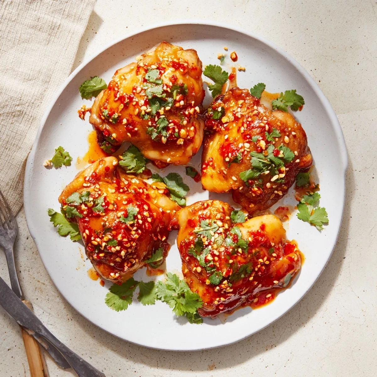 Juicy air fried chicken thighs coated in spicy-sweet glaze with green onion sprinkles on top