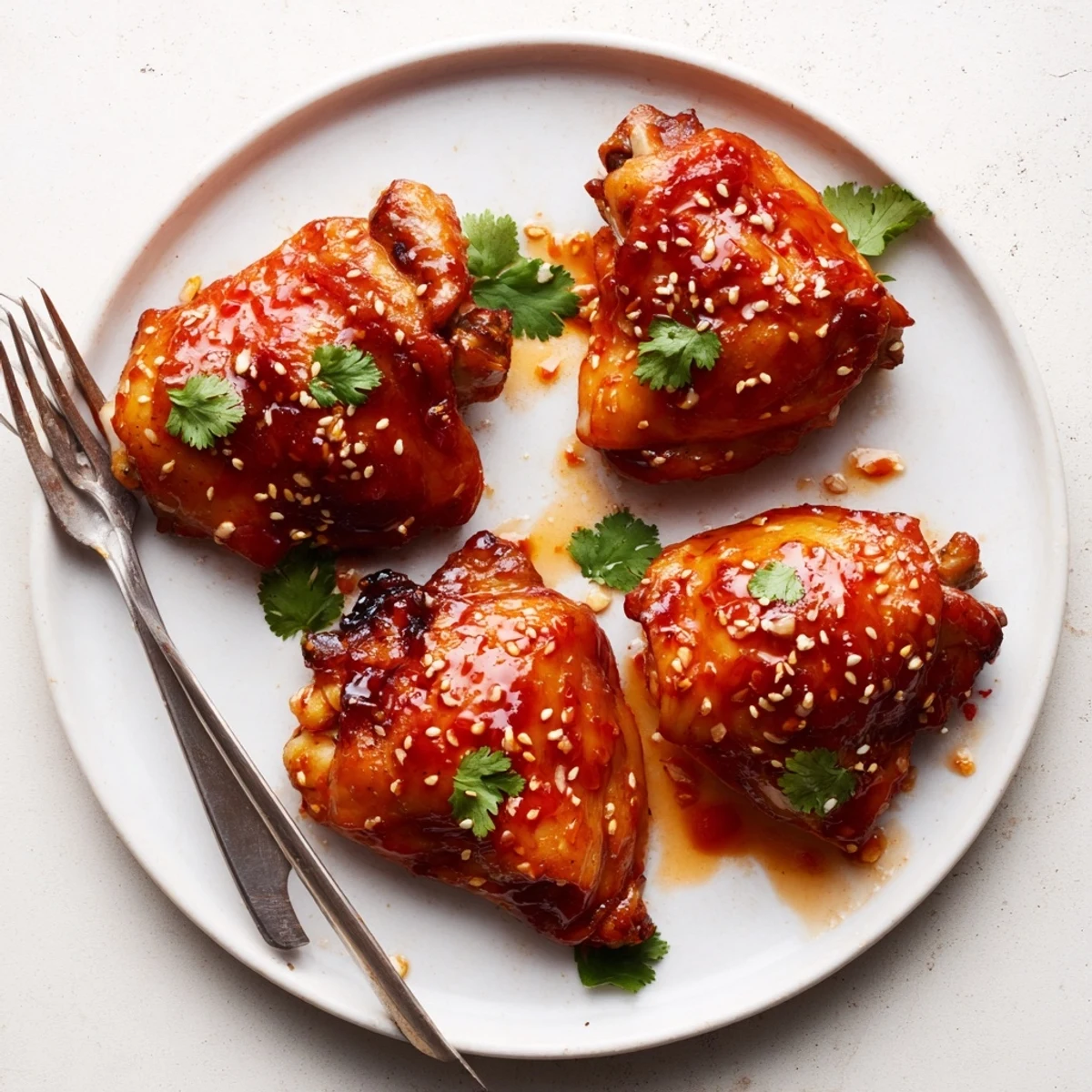 Sticky sweet chili air fryer chicken thighs with caramelized edges served over white rice