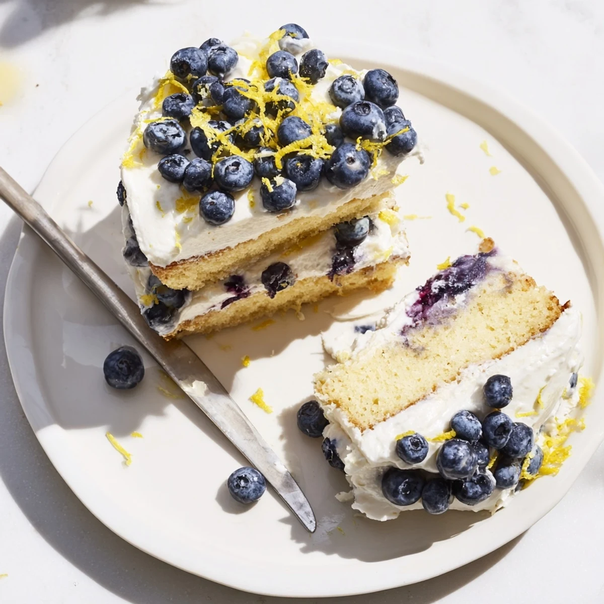 Golden lemon blueberry cake slice with cream cheese frosting and fresh blueberry garnish on white plate