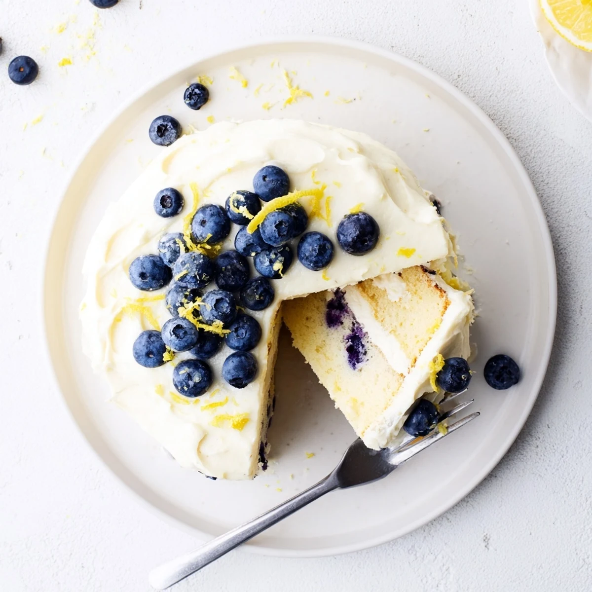 Two-layer lemon blueberry cake with fluffy frosting garnished with fresh blueberries on rustic wooden serving board