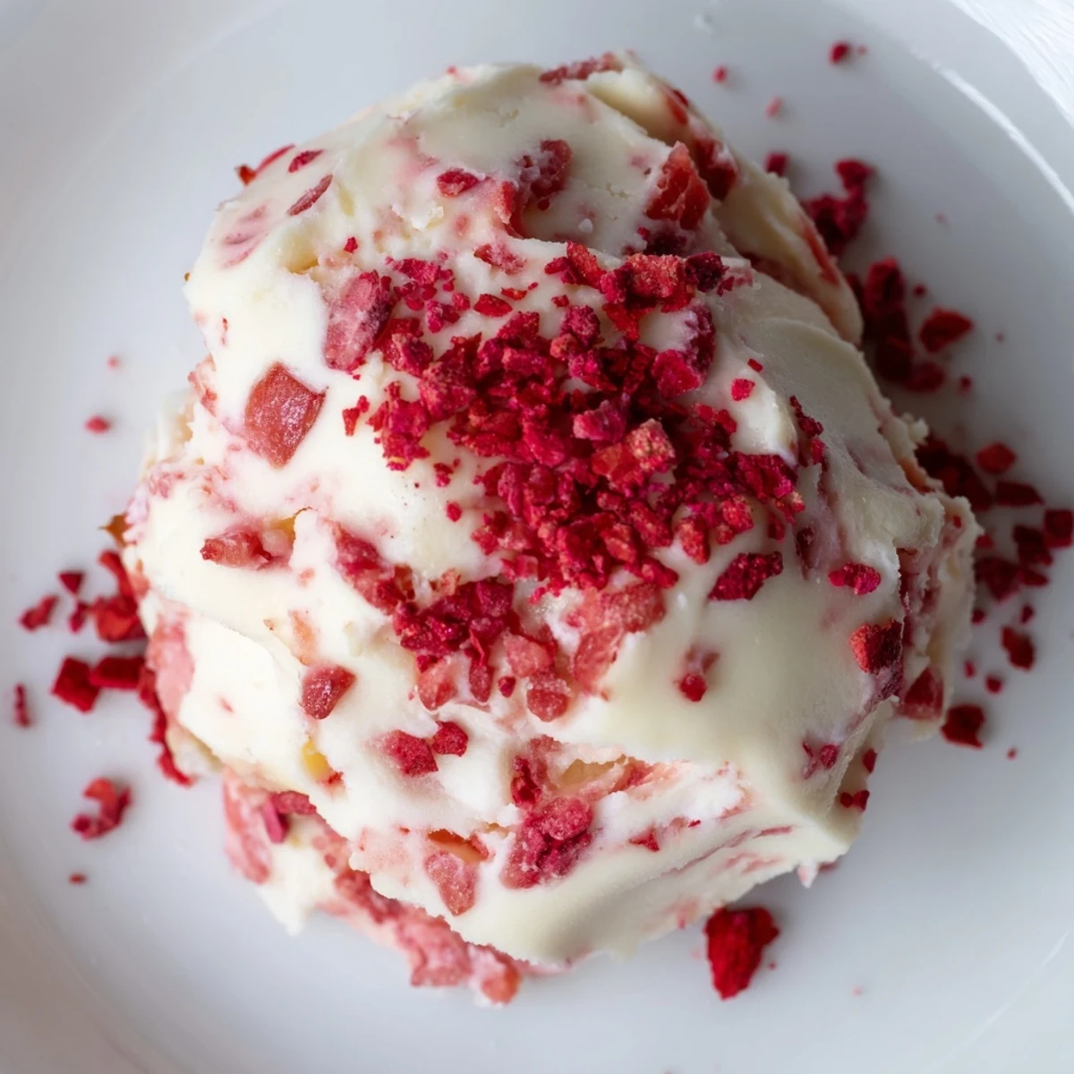 Creamy keto strawberry cheesecake fat bombs with fresh strawberry pieces on a white plate