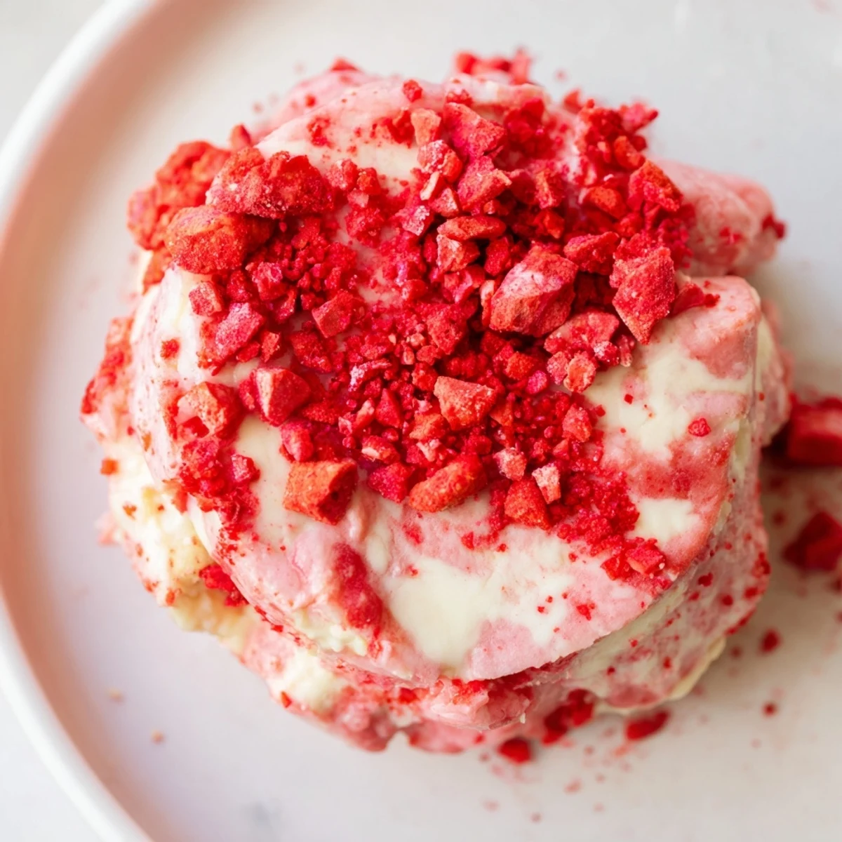 Rich bite-sized strawberry cheesecake fat bombs rolled in crushed freeze-dried strawberries