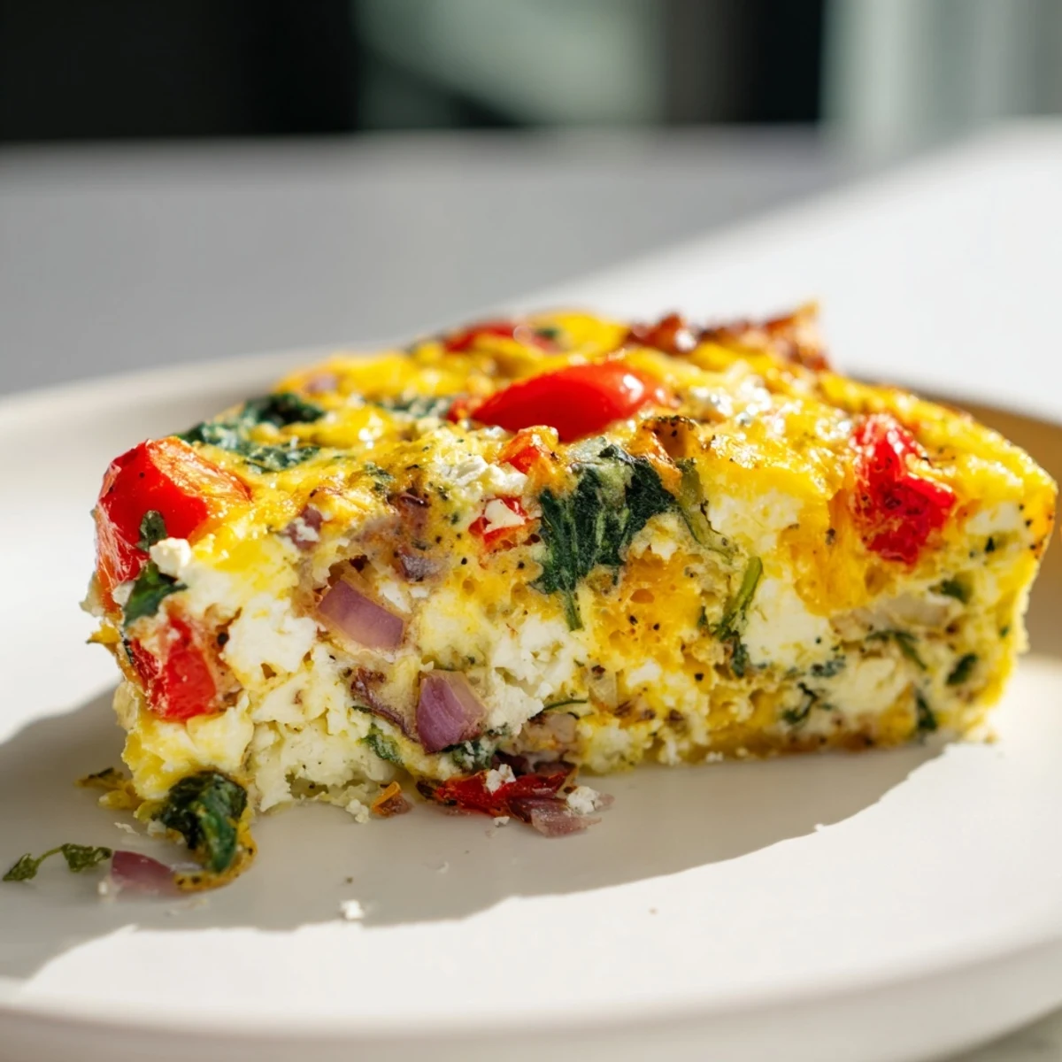 Golden healthy crustless quiche loaded with colorful vegetables and melted cheese on a white plate