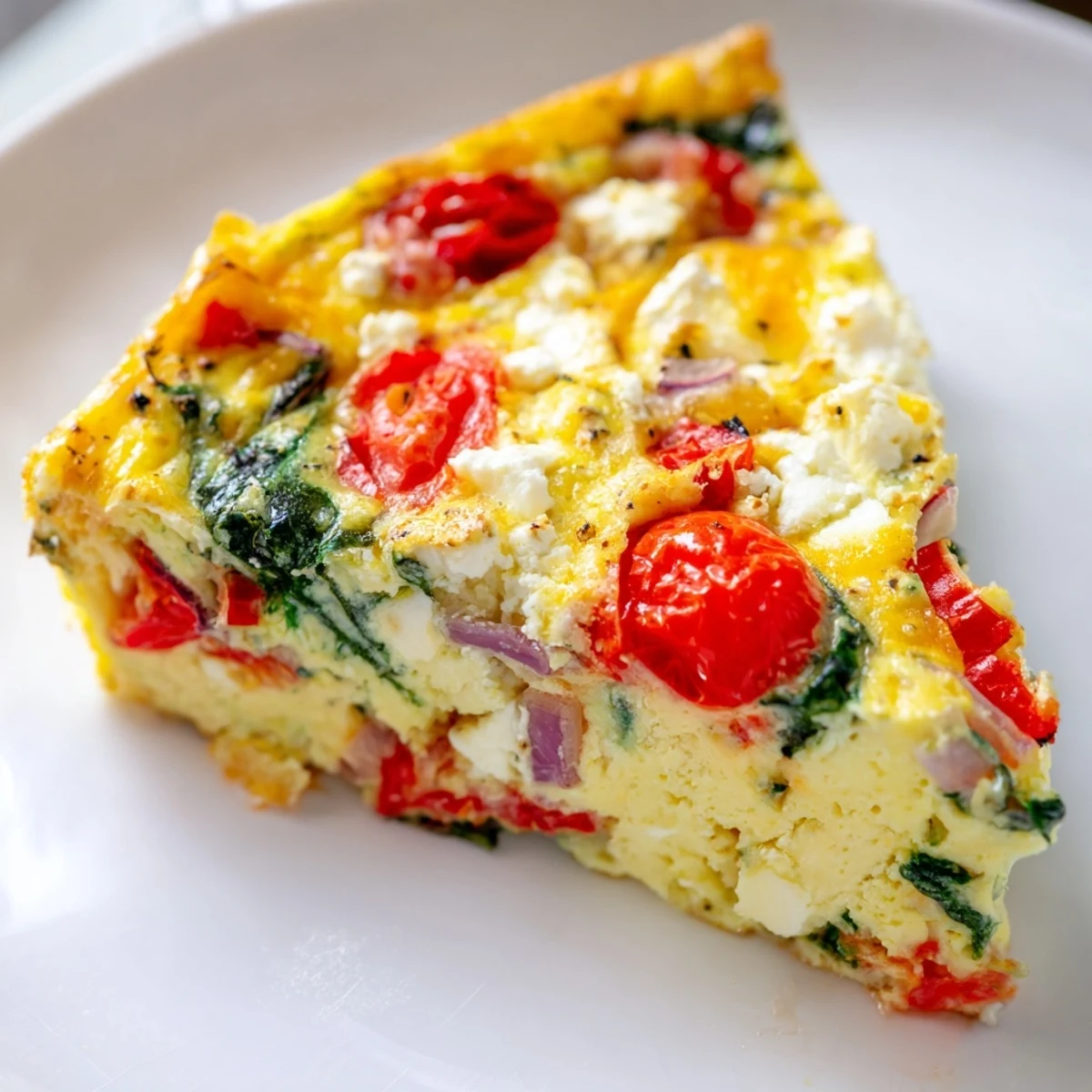 Fluffy healthy crustless quiche baked to golden perfection with spinach, tomatoes, and bell pepper filling