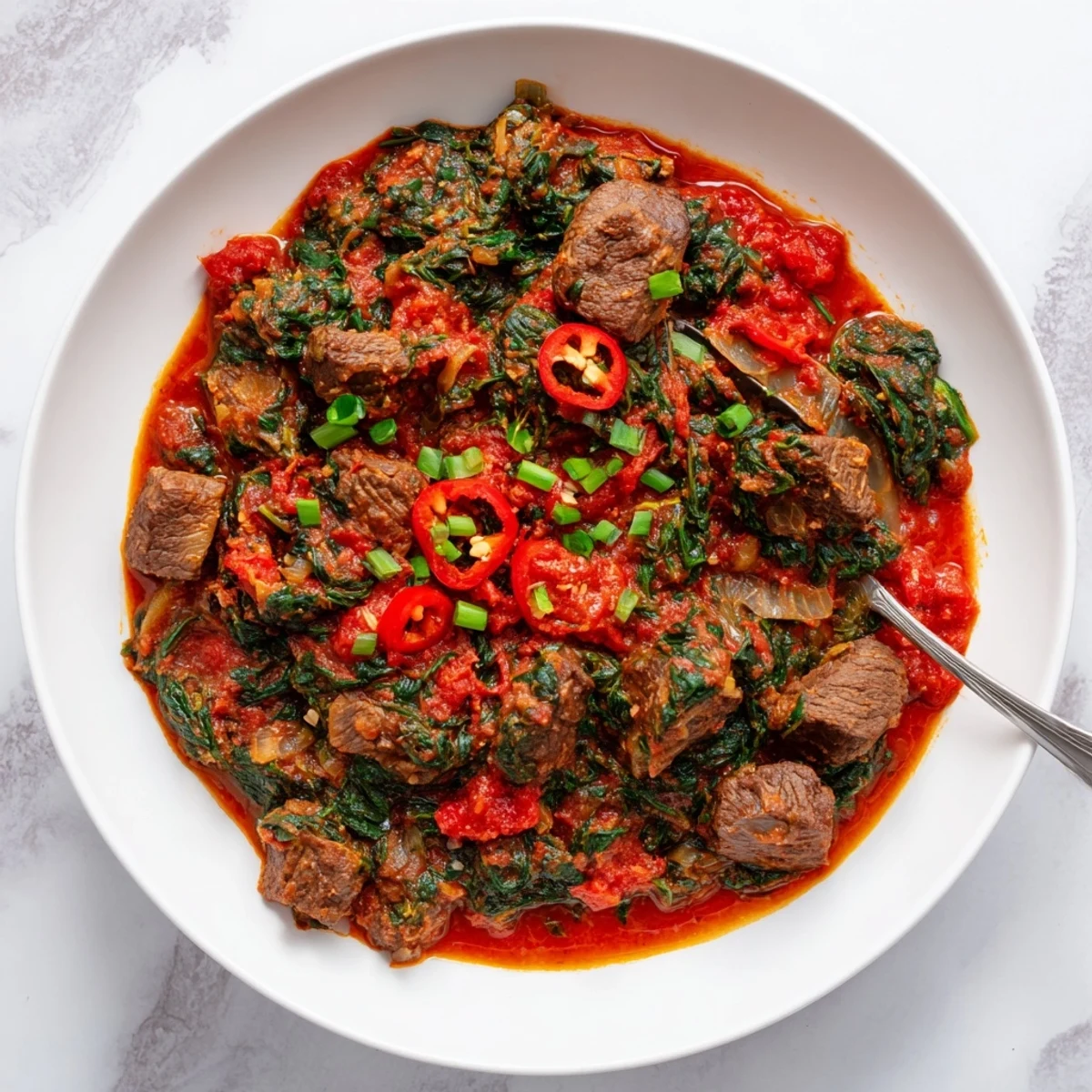 Golden bowl of Nigerian Efo Riro spinach stew piled with tender beef chunks