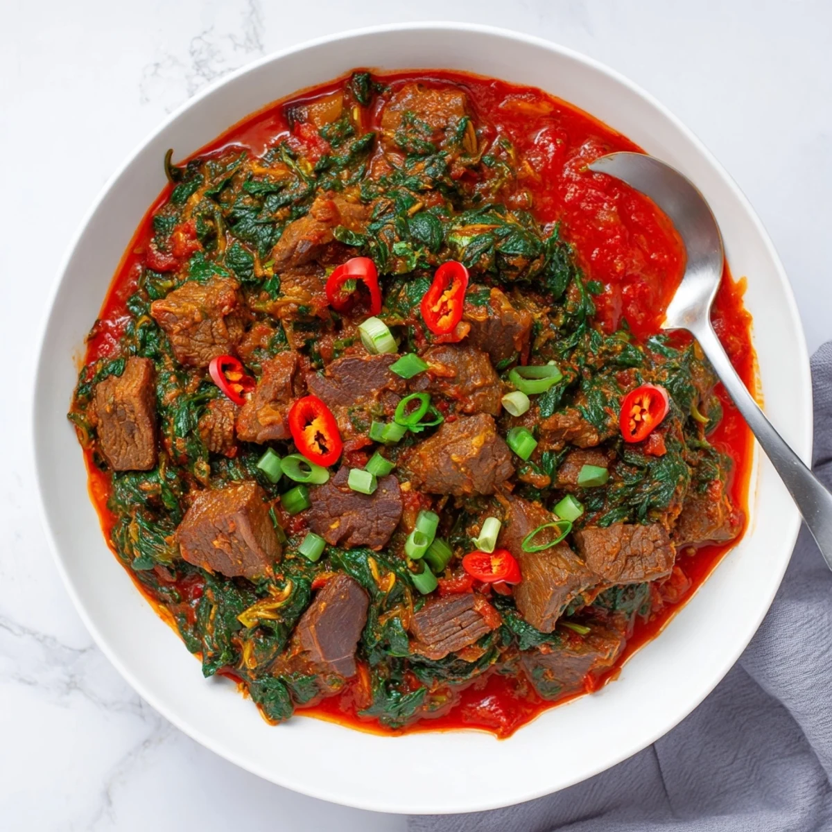 Rich tomato-based Efo Riro Nigerian spinach stew featuring melting beef and wilted greens