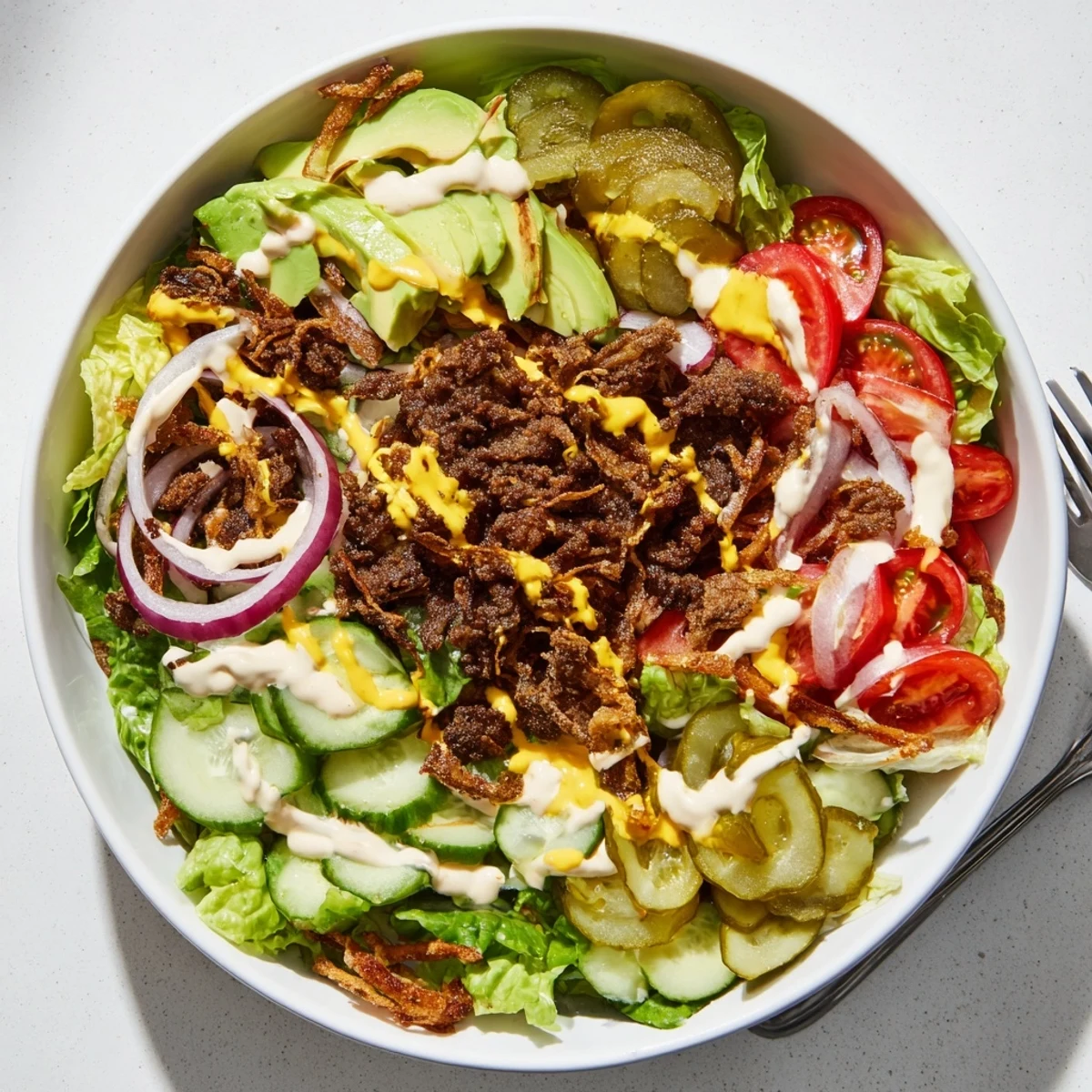 Golden crispy smash burger patties nestled over fresh salad greens with colorful vegetables in a hearty bowl arrangement