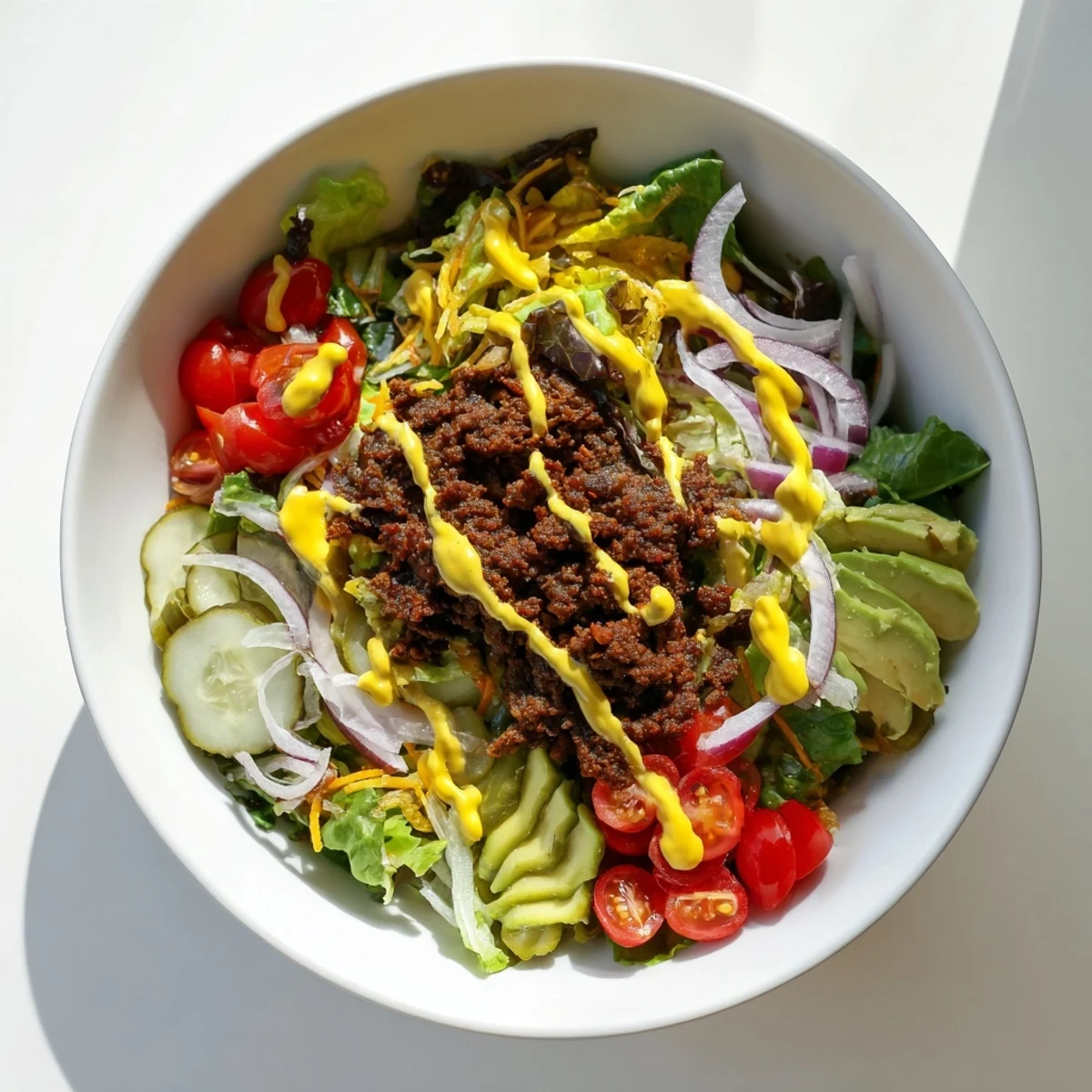 Low-carb smash burger bowl salad with crisp beef patties, cherry tomatoes, red onion, and shredded cheddar cheese topping
