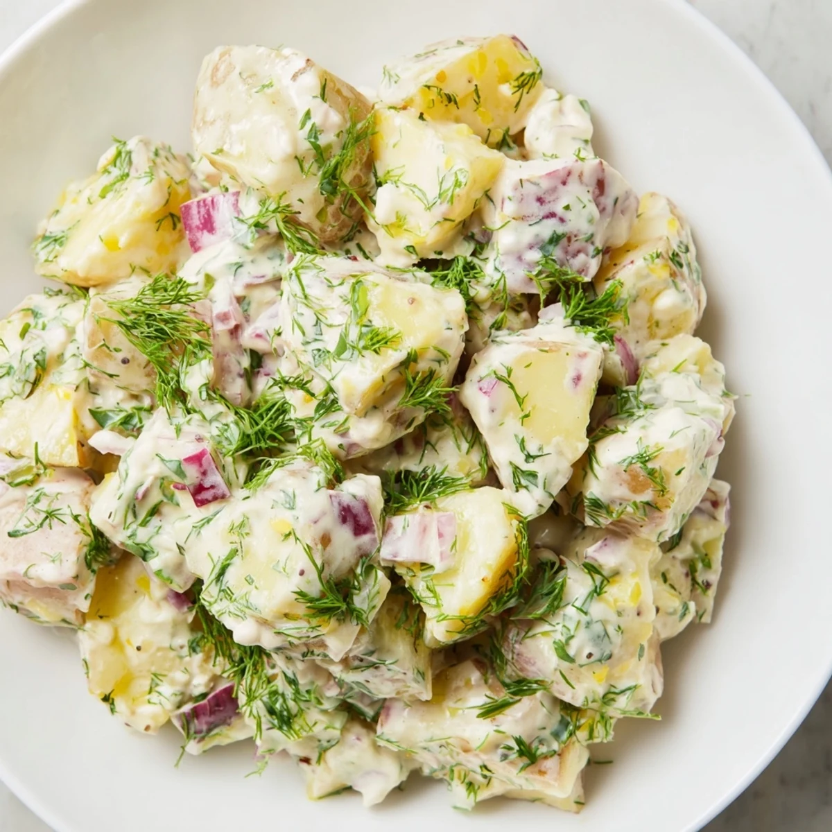 Healthy Greek yogurt potato salad featuring fork-tender potatoes coated in a creamy herbed dressing with colorful vegetables