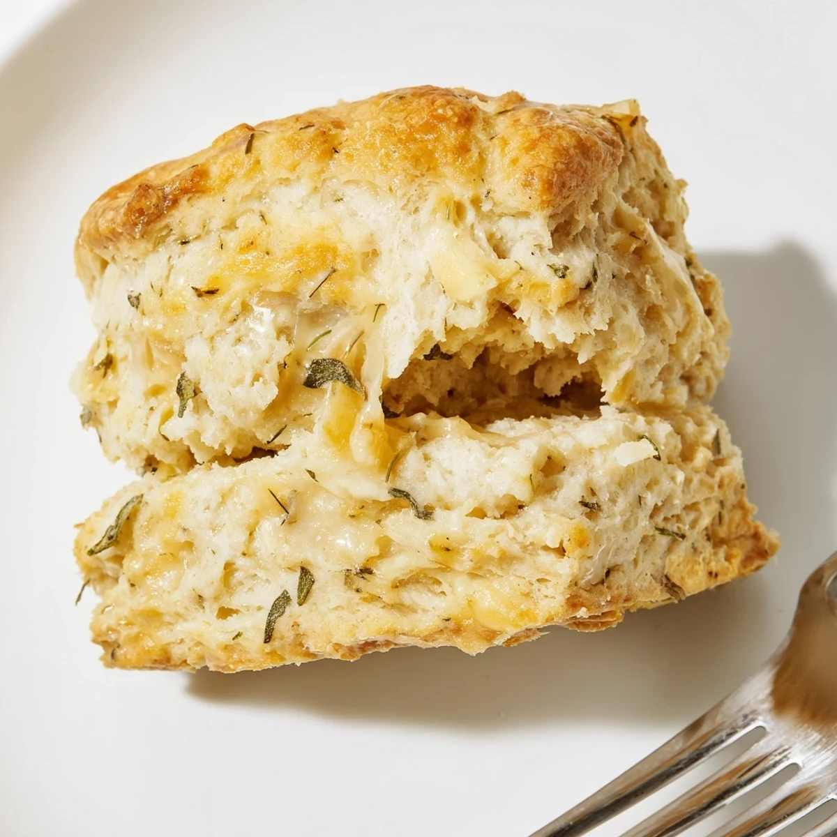 Golden brown sage and Gruyere biscuits stacked on a wooden cutting board, revealing flaky layers and melted cheese pockets