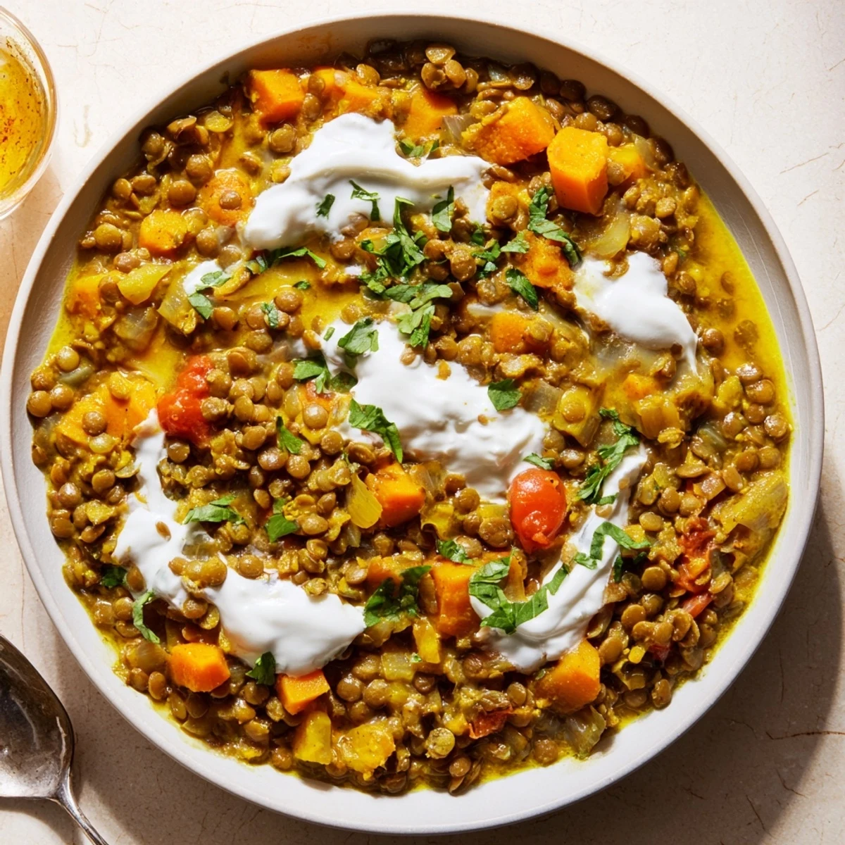 Creamy Greek yogurt lentil curry served steaming hot in a white bowl over fluffy basmati rice