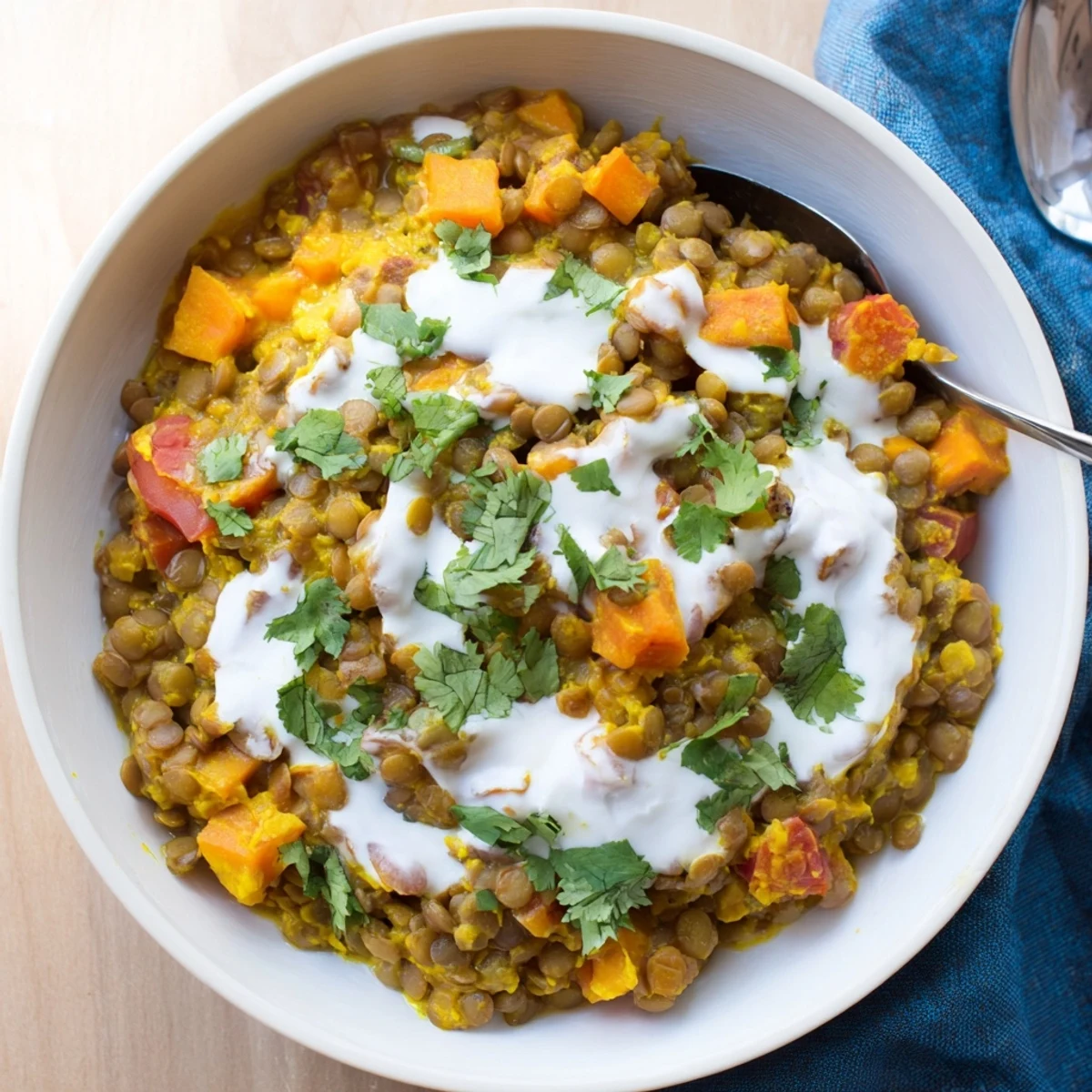 Golden spiced Greek yogurt lentil curry garnished with fresh cilantro and served alongside warm naan bread