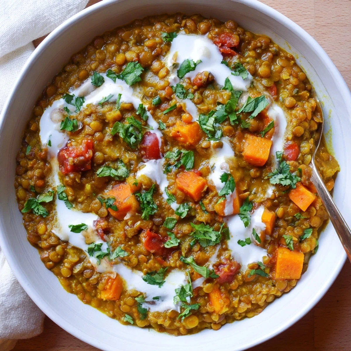 Velvety smooth Greek yogurt lentil curry in a rustic bowl topped with bright green herbs and lemon