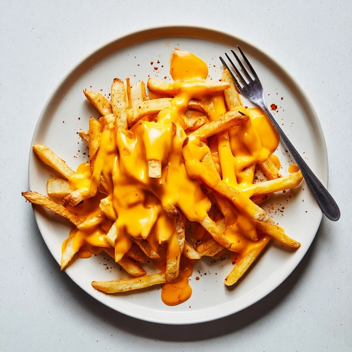 Golden homemade cheese sauce for fries drizzled generously over crispy golden potato wedges